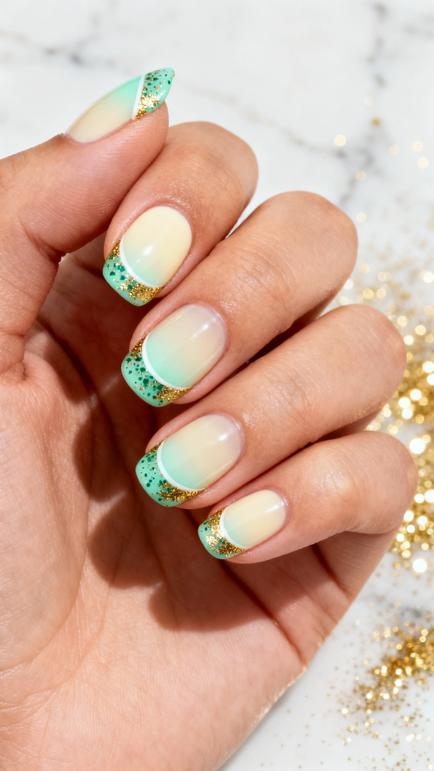 Macro photo of one hand with short to medium round nails on a translucent cream base; soft curved French tips in pastel mint created with a smooth, even arc. Over each tip, a fine scatter of micro-speckles in emerald and metallic gold, concentrated along the outer third and diffusing inward. High-resolution, tack-sharp detail showing speckle texture and glossy finish. Background: pale marble with a dusting of gold glitter bokeh. Bright, clean studio light. No faces, only the hand and nails.