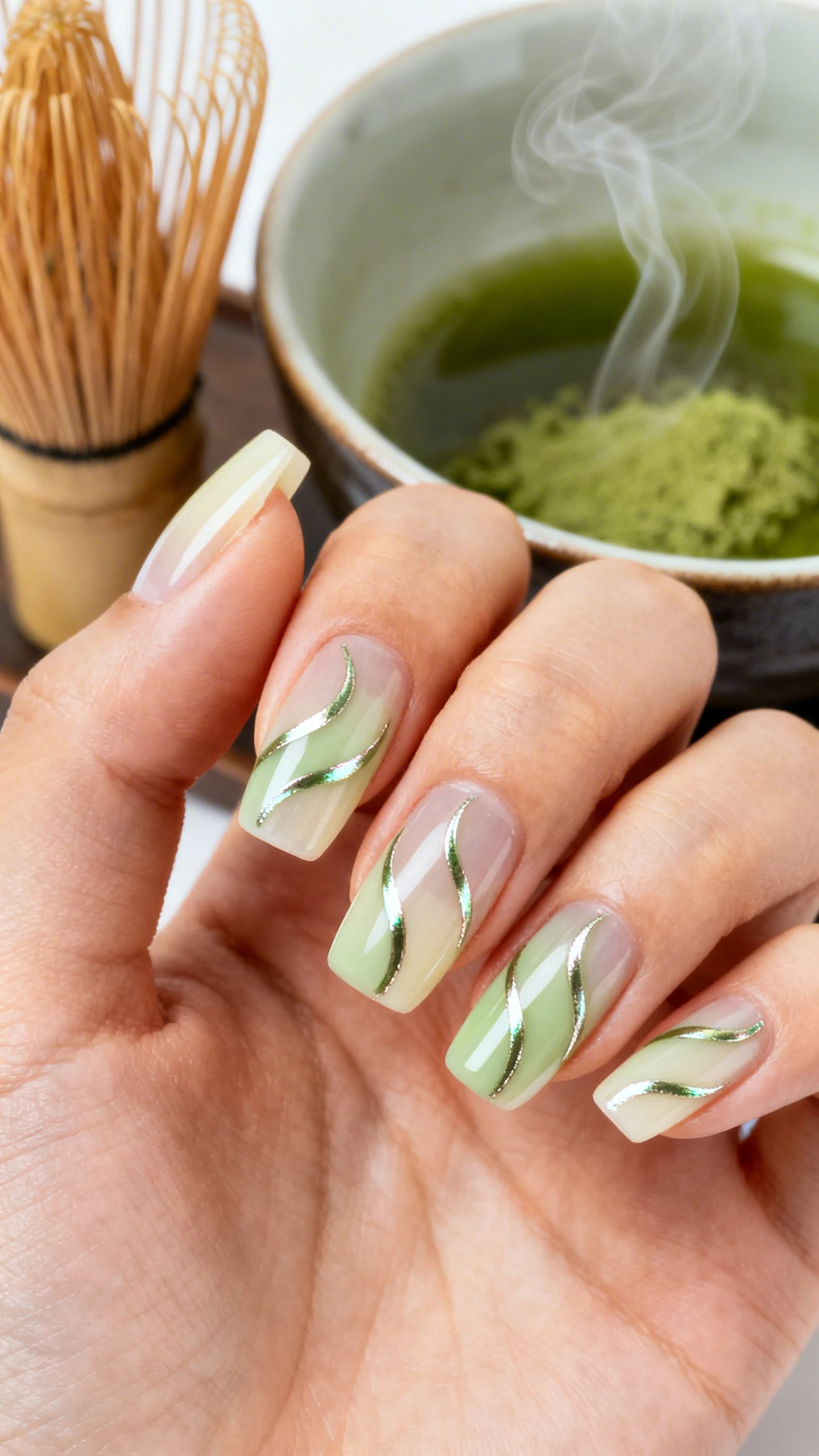 Macro photo of one hand with short-to-medium soft square/almond nails on a translucent sheer neutral/cream base showcasing two to three irregular, tapered swirls of pale metallic matcha green per nail; reflective, smooth metallic lines with crisp edges and glossy top coat; high-resolution close-up emphasizing swirl movement; background of matcha tools (bamboo whisk, ceramic bowl) and gentle steam for a serene tea-inspired vibe; clean, bright studio lighting; no faces, only the hand and nails.