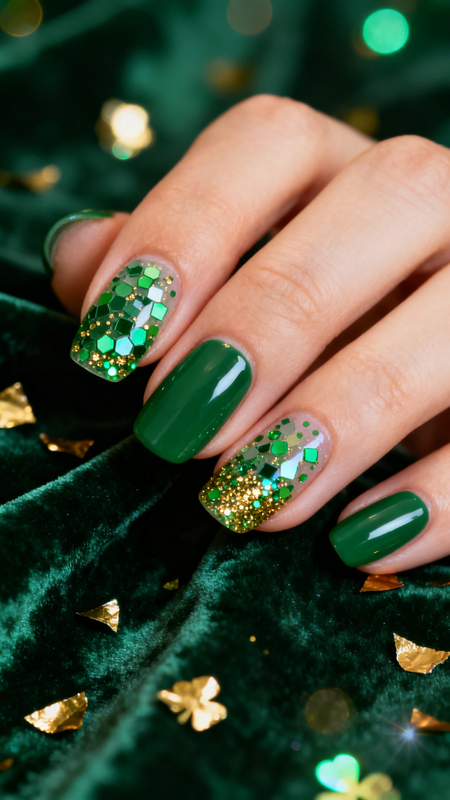 Macro photo of one hand with short to medium softly squared/almond nails, opaque deep emerald green base on all nails, layered with a clear glitter top coat packed with mixed green hex glitters (micro to medium), scattered gold micro-glitter, and hints of green iridescent sparkle; concentrate the denser glitter near the cuticle fading lightly toward the free edge for a festive confetti look. High-resolution, sharp focus on the nails; background: velvet-dark green fabric with scattered gold foil confetti and a soft bokeh glow, evoking St. Patrick’s Day. Modern, Instagram-worthy lighting with subtle reflections on the glossy surface. No face visible, only the hand and nails.