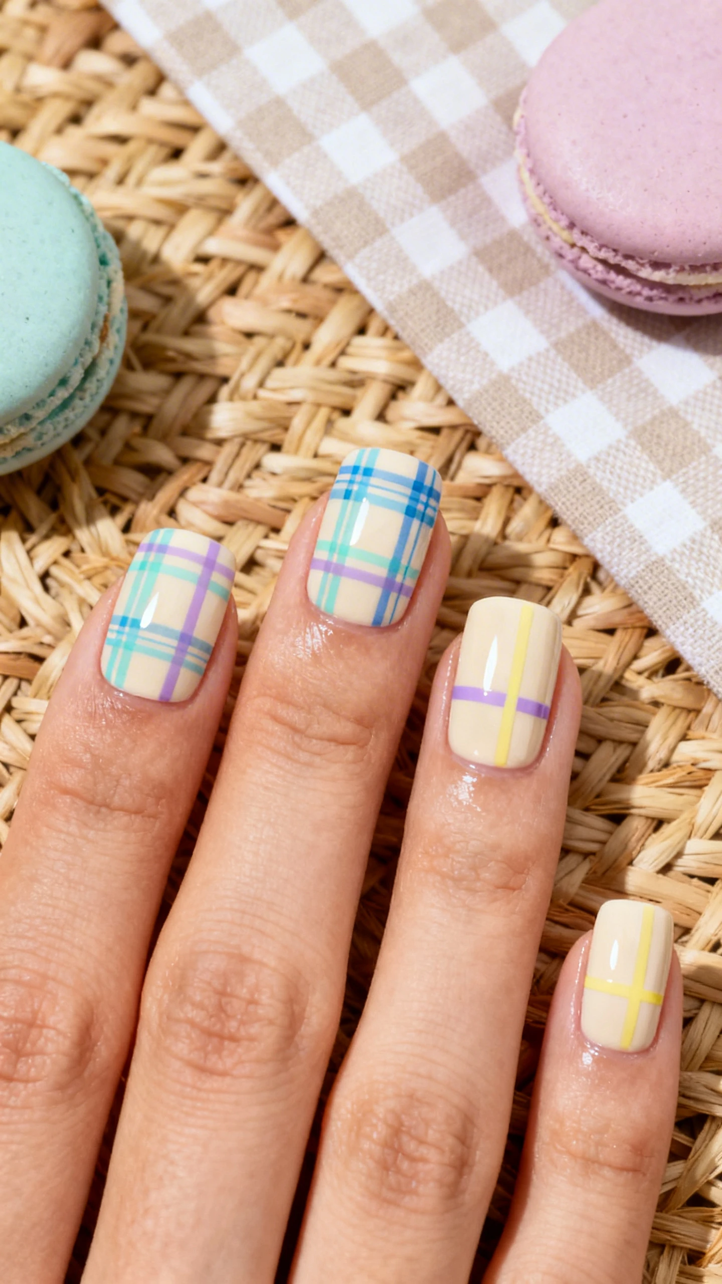 Macro photo of one hand with short to medium square/squoval nails, glossy finish. Over a high-adhesion gripping base, apply a soft cream or pale sand base color. Create precise pastel plaid: thin vertical and horizontal lines—sky blue and mint as the main grid, lavender as secondary cross-lines, and a single butter yellow line to accent each nail. Lines are fine, evenly spaced, with slight overlap transparency for layered effect; glossy topcoat seals. Background: picnic-inspired flat lay—woven straw texture, gingham napkin corner in neutrals, pastel macarons for color harmony. High-resolution, tack-sharp focus on line work and shine. Modern, Instagram-worthy; no faces, only the hand and nails.
