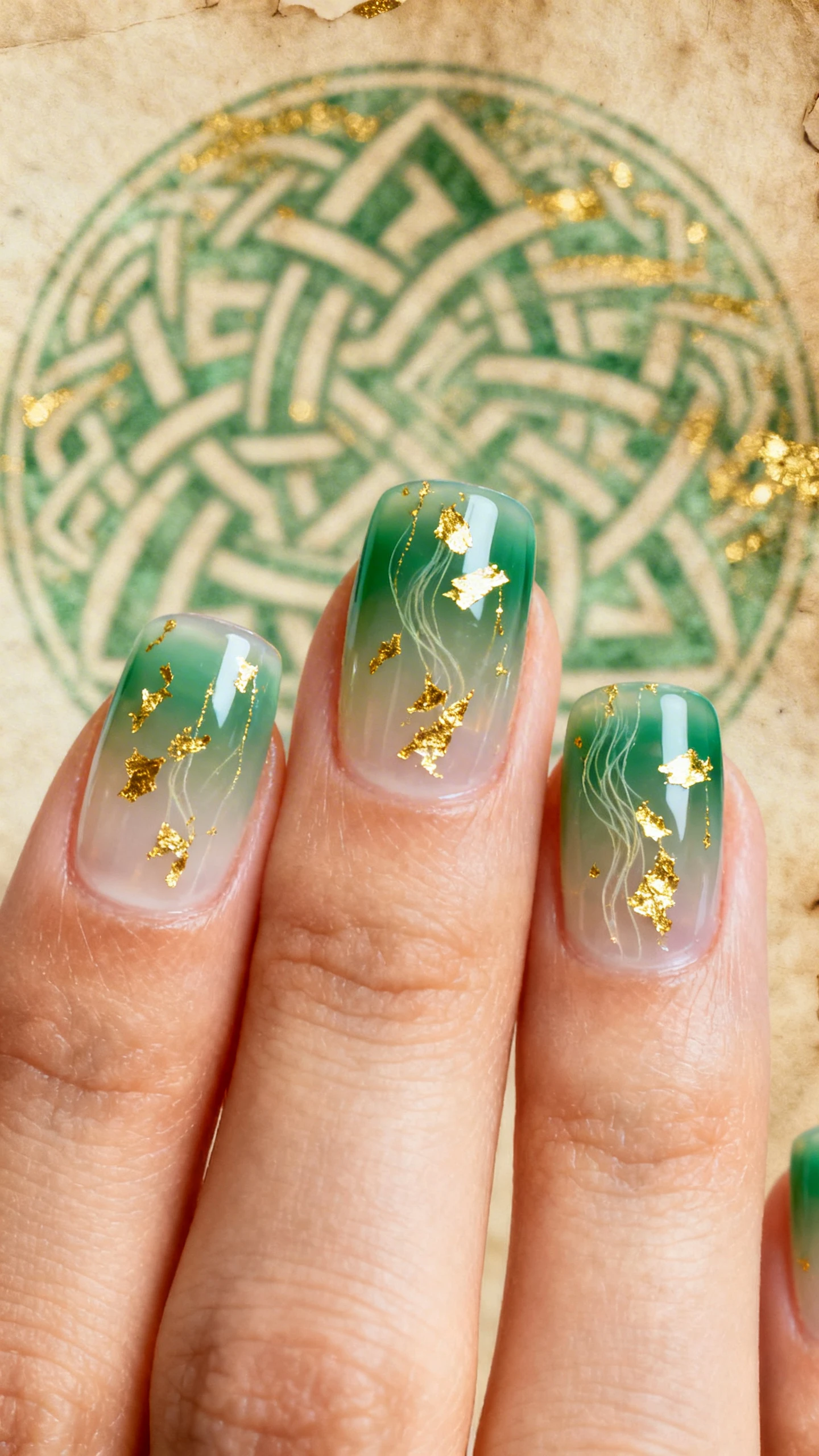 Macro photo of one hand with short-to-medium squoval nails in a Celtic Foil Veil. Base is a single thin coat of translucent milky-cream gel, followed by 2 thin coats of slightly see-through emerald green jelly for depth. Bright gold foil shards are pressed in wispy, vertical streaks that look like delicate, airy ribbons across the nails. Lighting emphasizes the jelly translucence and foil flash. Background: softly blurred Celtic knot motif or aged parchment texture in green-gold tones. High-resolution, sharp focus on nails only; no faces.