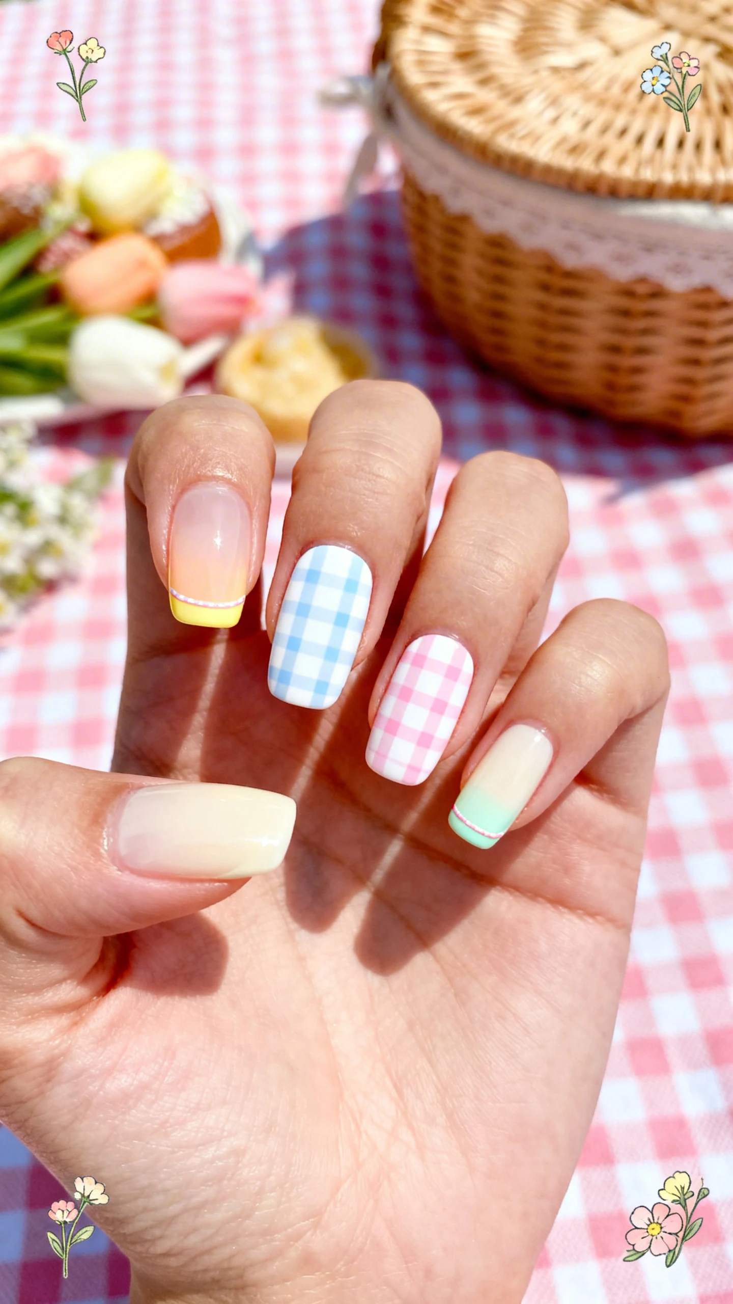 Macro photo of one hand with short-to-medium squoval nails; most nails in milky cream sheer; one accent nail shows white-and-baby-blue pastel gingham made of thin perpendicular stripes, another accent with white-and-soft-pink gingham; remaining nails feature soft pastel washes (pale peach, butter yellow, mint); delicate floral stickers sparingly placed near corners to hint picnic blooms; smooth, glossy finish; background: gingham picnic cloth with a wicker basket and blurred spring treats; high-resolution, crisp focus on stripe intersections and sticker edges, Instagram-worthy, no face, only the hand.