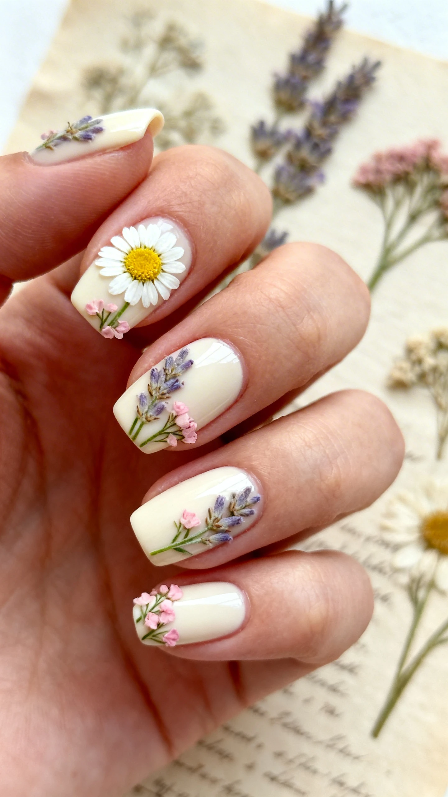 Macro photo of one hand with short-to-medium squoval nails, milky cream base; micro florals finely detailed: tiny five-petal white daisies with buttery yellow centers, miniature lavender sprigs with muted green stems, and small blush pink petal clusters; petite bouquets placed near cuticles and sidewalls with airy spacing. High-resolution, crisp botanical details. Background: softly blurred pressed flowers and handmade paper. Minimal, Instagram-ready lighting, no faces, nails in sharp focus.