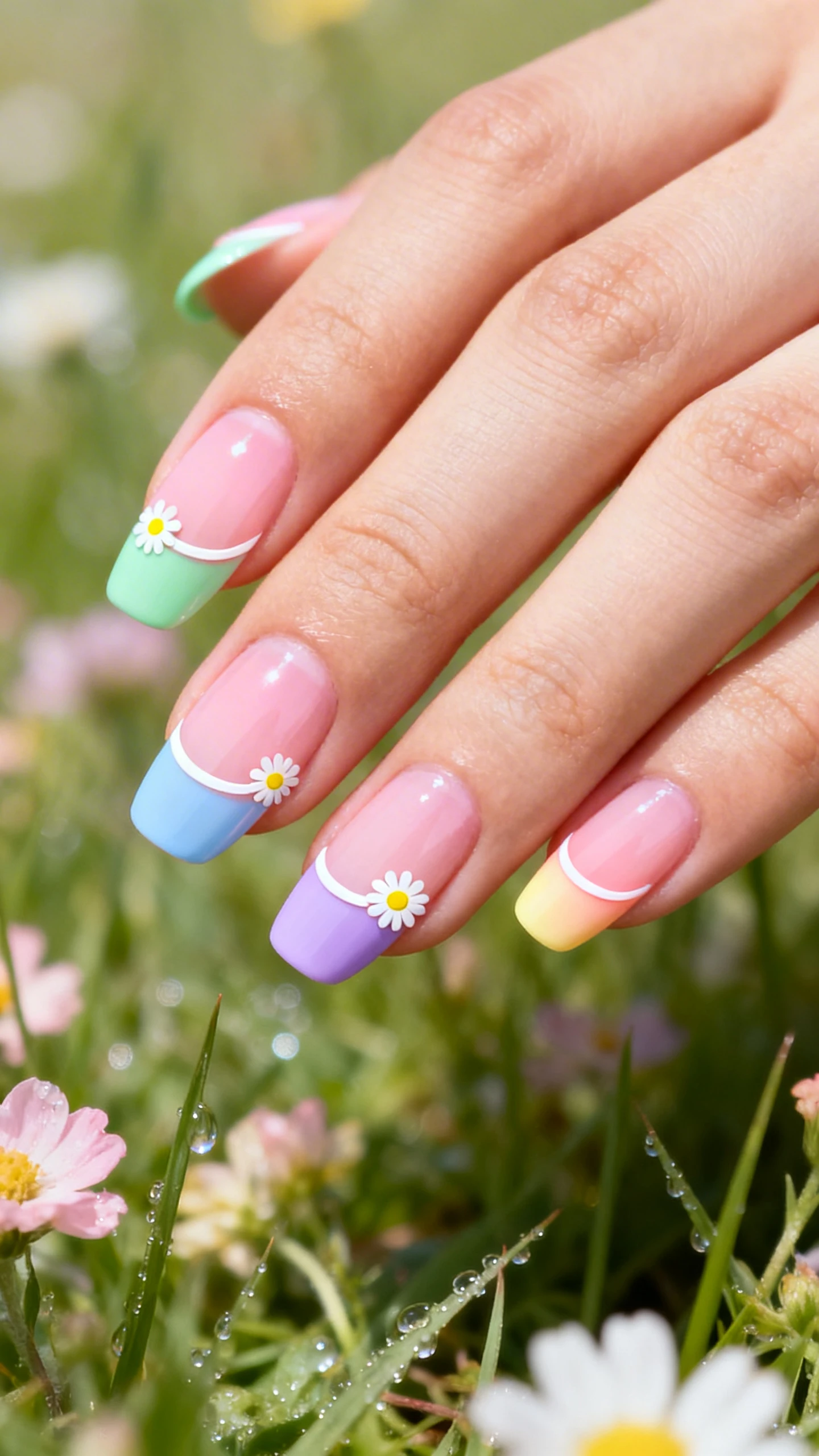 Macro photo of one hand with soft almond nails, sheer pink base built to semi-opaque, alternating French tips in mint green, baby blue, lavender, pale yellow, and soft peach; ultra-thin white smile lines for crisp contrast; tiny white-and-yellow daisy stickers nestled near each smile line; glossy top coat and clean cuticles; background: softly blurred spring meadow with pastel wildflowers and dewy grass; modern Instagram lighting, high-resolution, sharp focus on nail edges and sticker details, no face, only the hand.