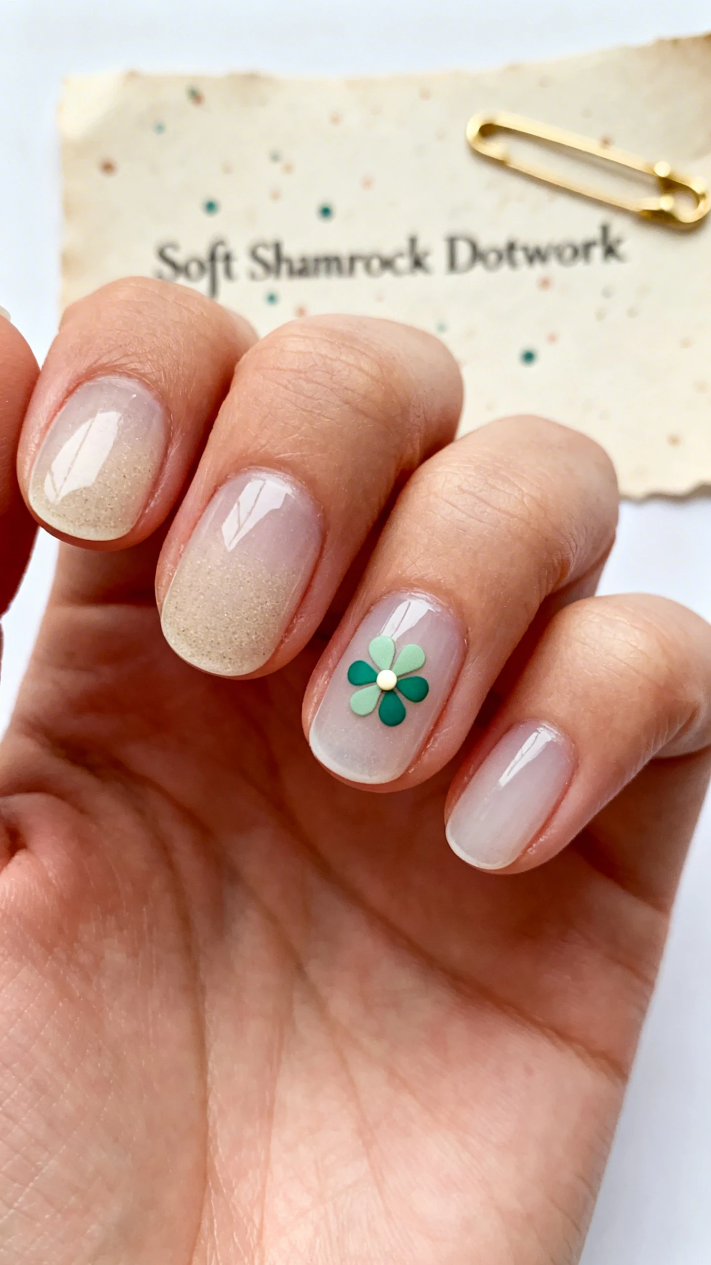 Macro photo of one hand with “Soft Shamrock Dotwork”: sheer sand or faint milky-clear base; on ring and middle fingers, tiny shamrock suggestion formed by four small dots arranged in a tight diamond—two soft sage dots and two medium emerald dots—with a minuscule cream dot at the center; remaining nails simple and glossy; short natural oval; background: blurred parchment card with subtle speckles and a single gold bobby pin for a delicate touch; high-resolution, crisp focus on dot clusters, Instagram-ready styling, no faces.