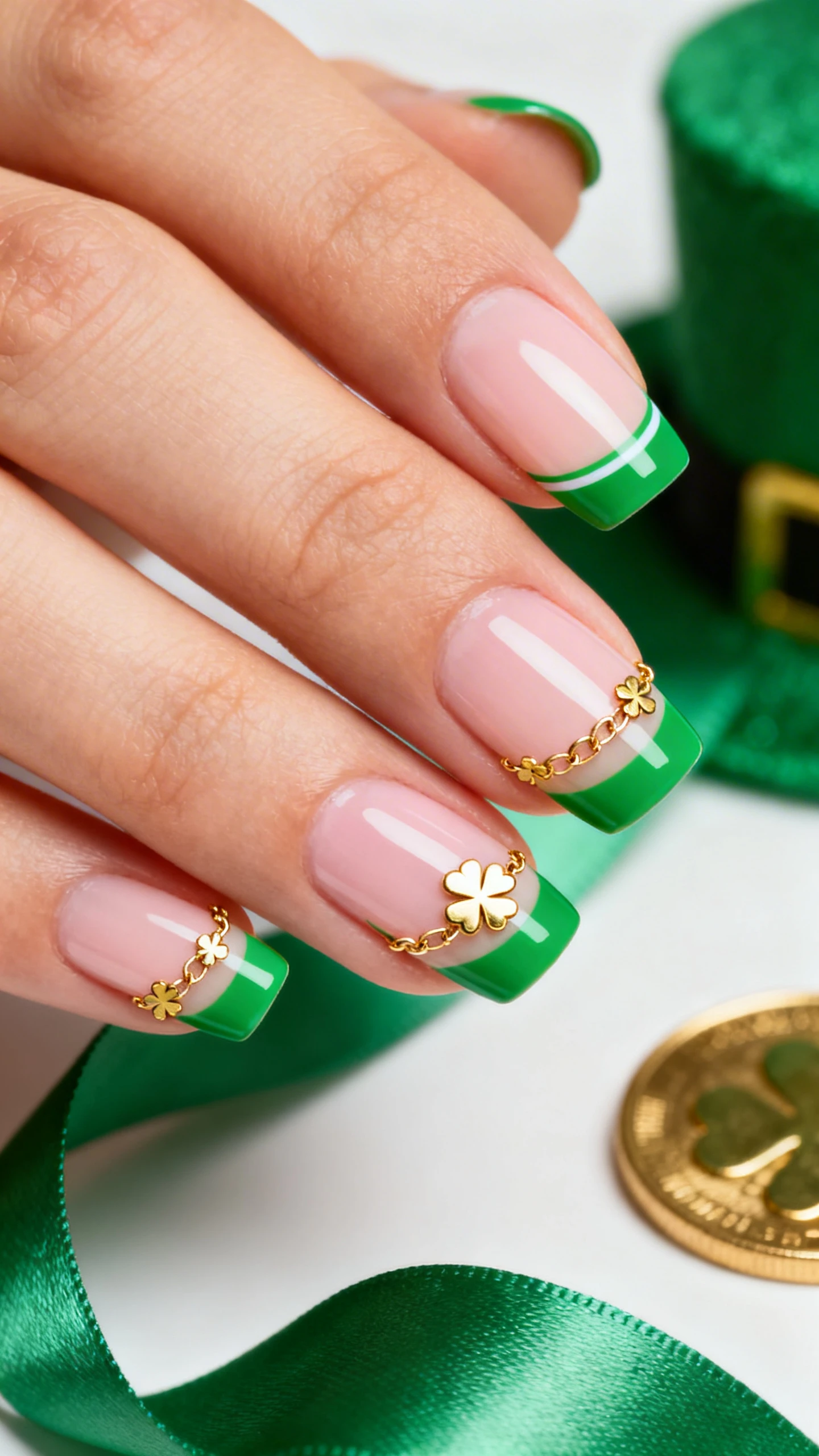 Macro photo of one hand with soft-square medium-length nails, sheer glossy light pink-beige base and slim French tips in bright emerald green; at each smile line, a delicate chain of 2–3 tiny metallic gold clover outlines linking the tip to the base; include 1–2 accent nails with slightly larger gold clover chains; high-resolution, sharp focus, modern studio lighting; background: softly blurred St. Patrick’s Day elements—emerald satin ribbon and a gold coin—color-coordinated and minimal; Instagram-worthy, no faces, hand gently angled to showcase all tips.