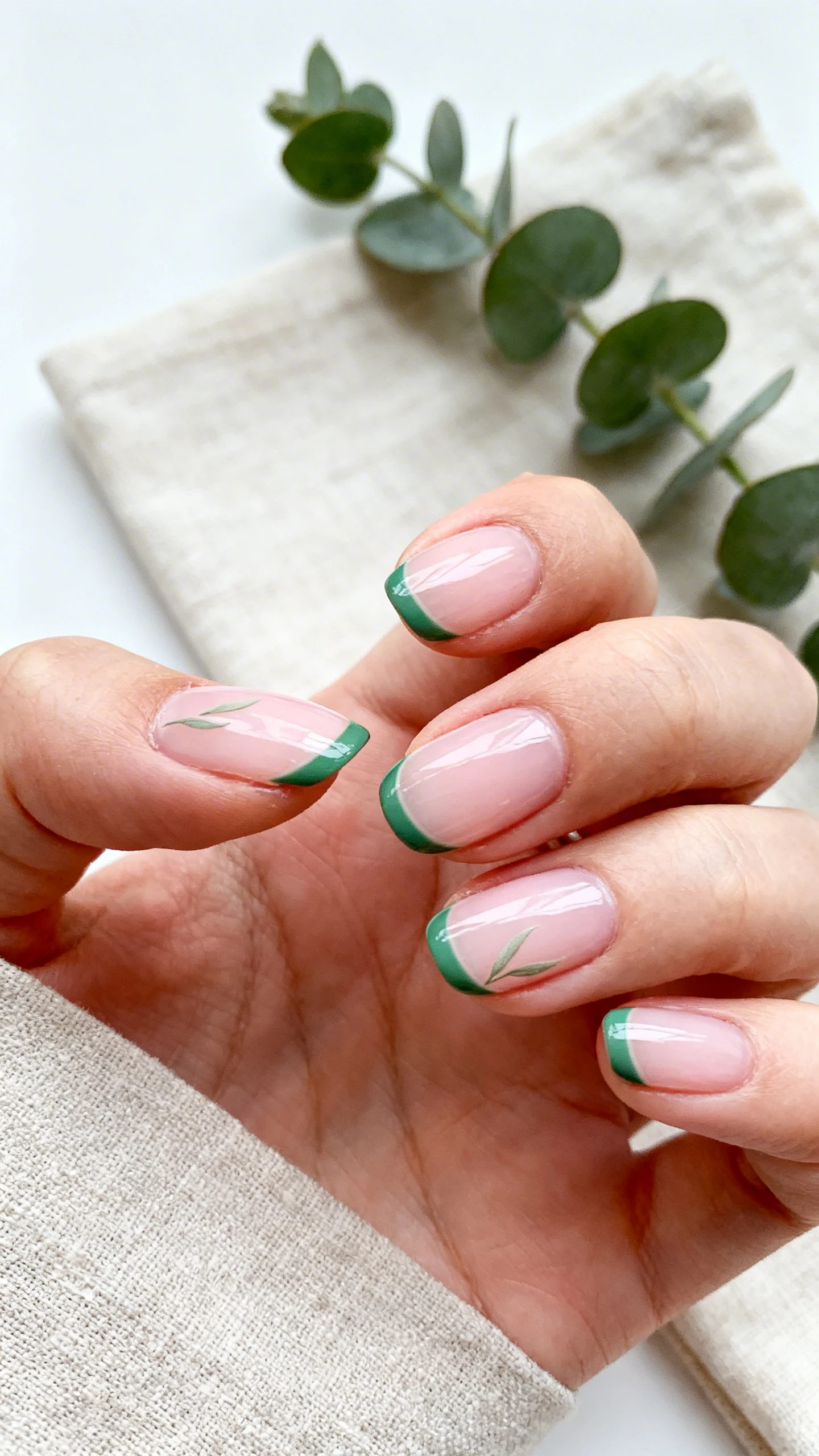 Macro photo of one hand with “Whisper-Leaf French” nails: sheer milky pink jelly base, ultra-thin 1–2 mm French tips in cool emerald green on every nail; on select nails, add one or two tiny elongated leaf strokes in soft sage curving off the French smile line; high-resolution, glossy finish, clean cuticles, short to medium oval shape; background: softly blurred linen napkin and a sprig of eucalyptus for a fresh, minimalist vibe; modern Instagram aesthetic, crisp lighting, no faces, nails in sharp focus.