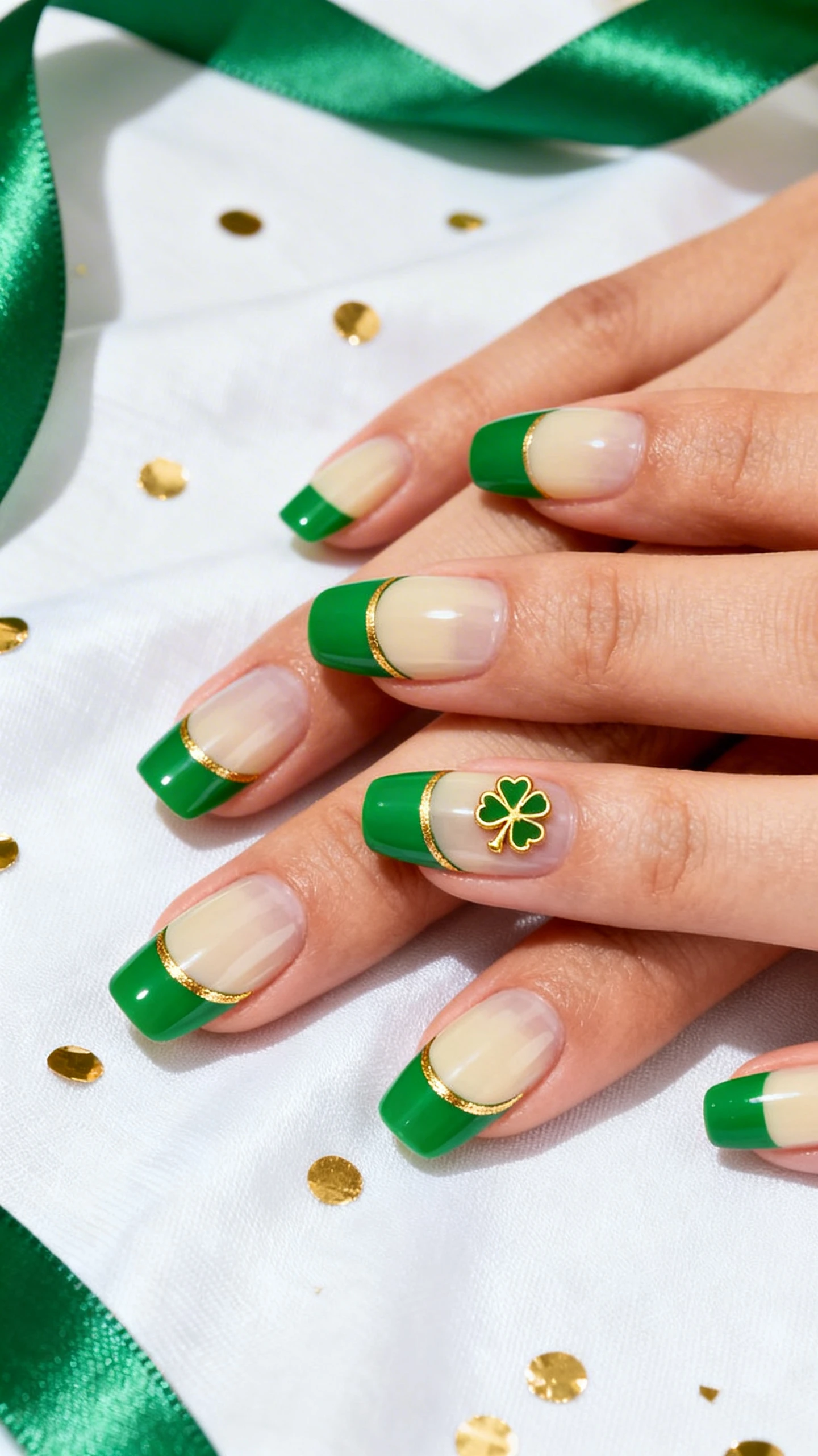 Macro photograph of one hand showing a classic French with vibrant emerald green tips on a transparent-to-cream base; medium-thickness tips with precise curved smile lines; a thin metallic gold line tracing the base of every green tip; a tiny gold shamrock charm on the middle finger of the right hand pose or ring finger of the left hand pose (compose hand to show that accent clearly). Nails are medium length, square-with-rounded-edges or almond for elegance. Background: crisp white linen with scattered gold confetti and a hint of green satin ribbon. Lighting: clean studio light, sharp focus on tips and gold detailing, Instagram-worthy, no faces, only the hand.