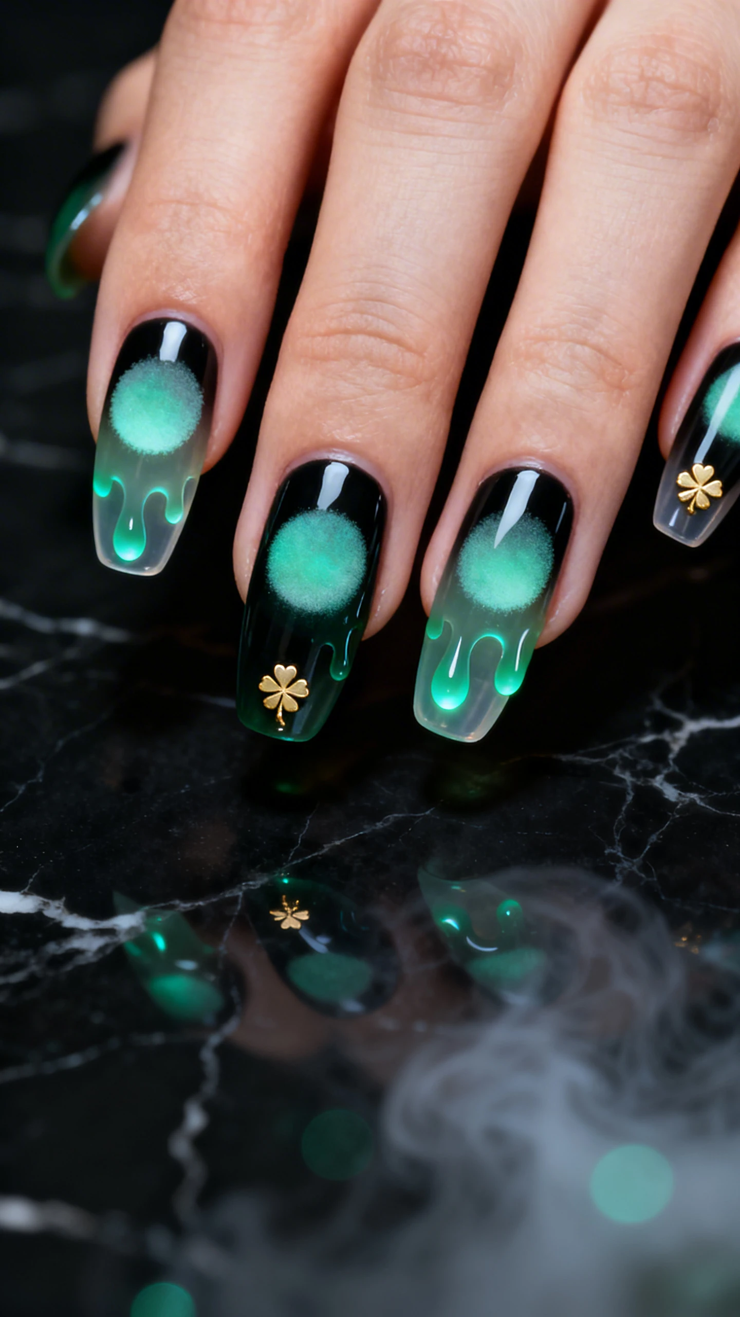 Macro photograph of one hand with a smoky black-green jelly base; soft circular emerald aura airbrushed/sponged at the center of each nail fading toward transparent sidewalls; glossy opaque emerald drip shapes on index and middle starting near the cuticle and flowing downward; small gold shamrock studs placed at the base of ring and pinky nails. Nails are medium almond, high-gloss seal. Background: moody black marble with subtle emerald reflections and a hint of misty bokeh. Lighting: dramatic yet soft-edged highlights to showcase aura glow and drips, razor-sharp focus on nails, modern Instagram style, only the hand in frame.