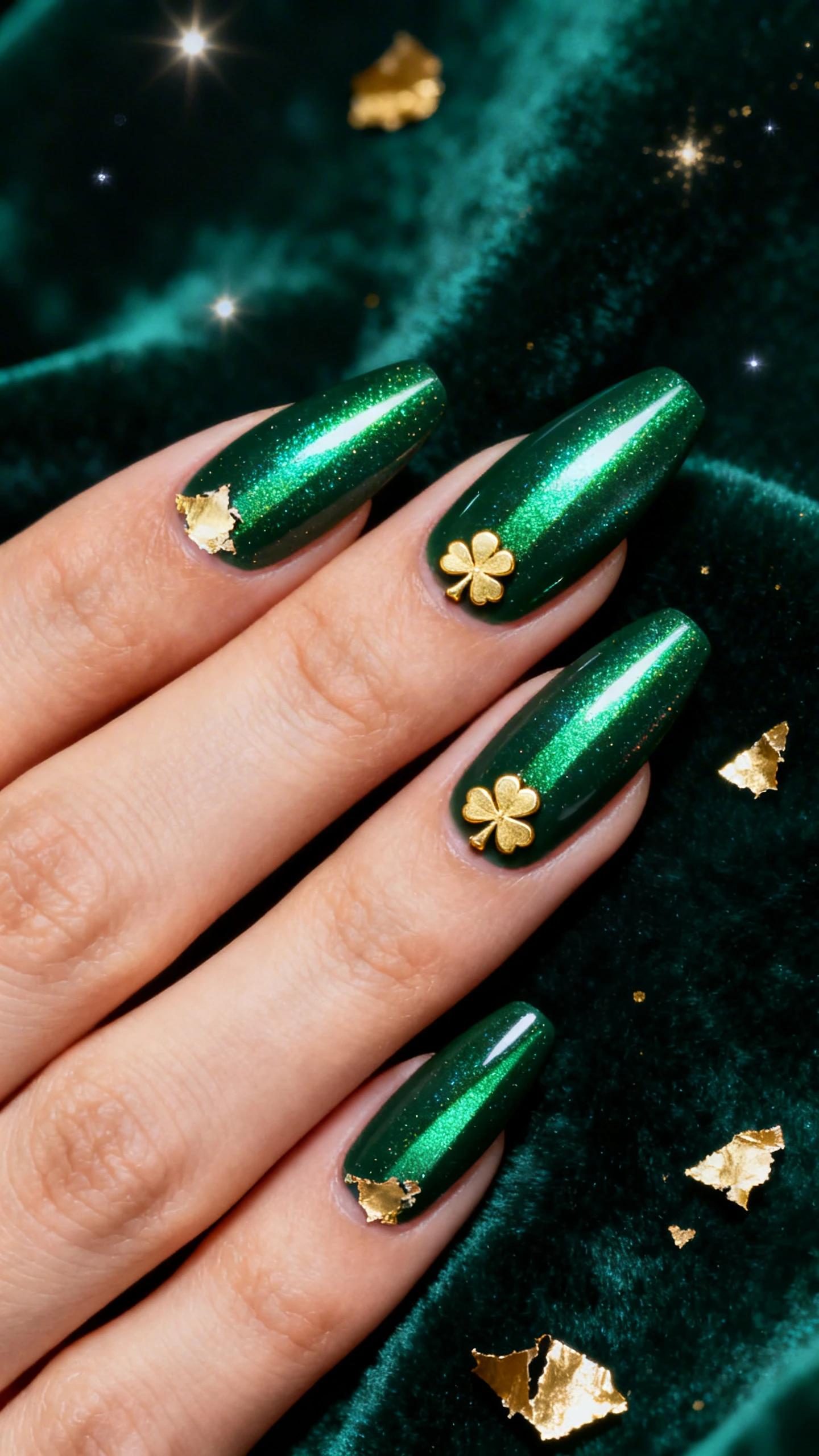 Macro photograph of one hand with deep forest green cat-eye gel; magnetic shimmer pulled diagonally across each nail to create a luminous stripe; select areas on the outer corner of index and ring have pressed flat torn gold foil fragments; a small gold shamrock charm centered near the cuticle on each ring finger. Nails are medium almond, high-gloss finish. Background: dark emerald velvet with a few gold flecks catching light for a celestial vibe. Lighting: directional to activate cat-eye sheen, crisp focus, shallow depth of field, modern Instagram look, only the hand visible.