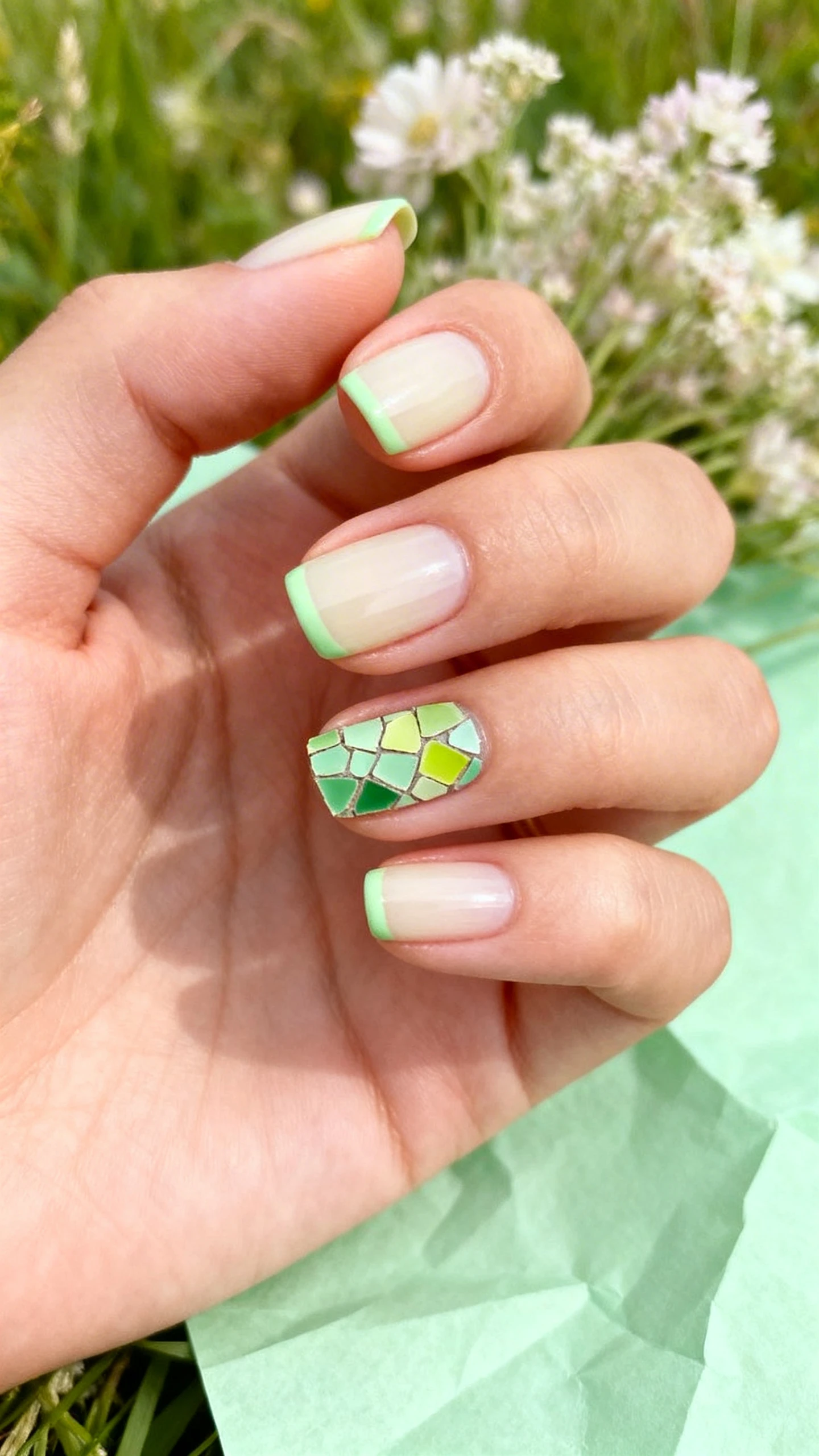 Macro photograph of one hand with sheer cream base and ultra-thin pastel pistachio micro-French tips; on index and ring fingers, a 2–3 mm band just behind the tip composed of tiny irregular green shard mosaics in pastel pistachio, medium jade, and soft lime, leaving negative space at the edge; other nails keep the minimal micro-French only. Nails are short-to-medium, soft square or almond, glossy topcoat. Background: fresh meadow aesthetic—blurred pale florals and soft green paper texture. Lighting: soft natural light with gentle highlights, high-resolution sharpness on the micro details, Instagram-ready, no face.