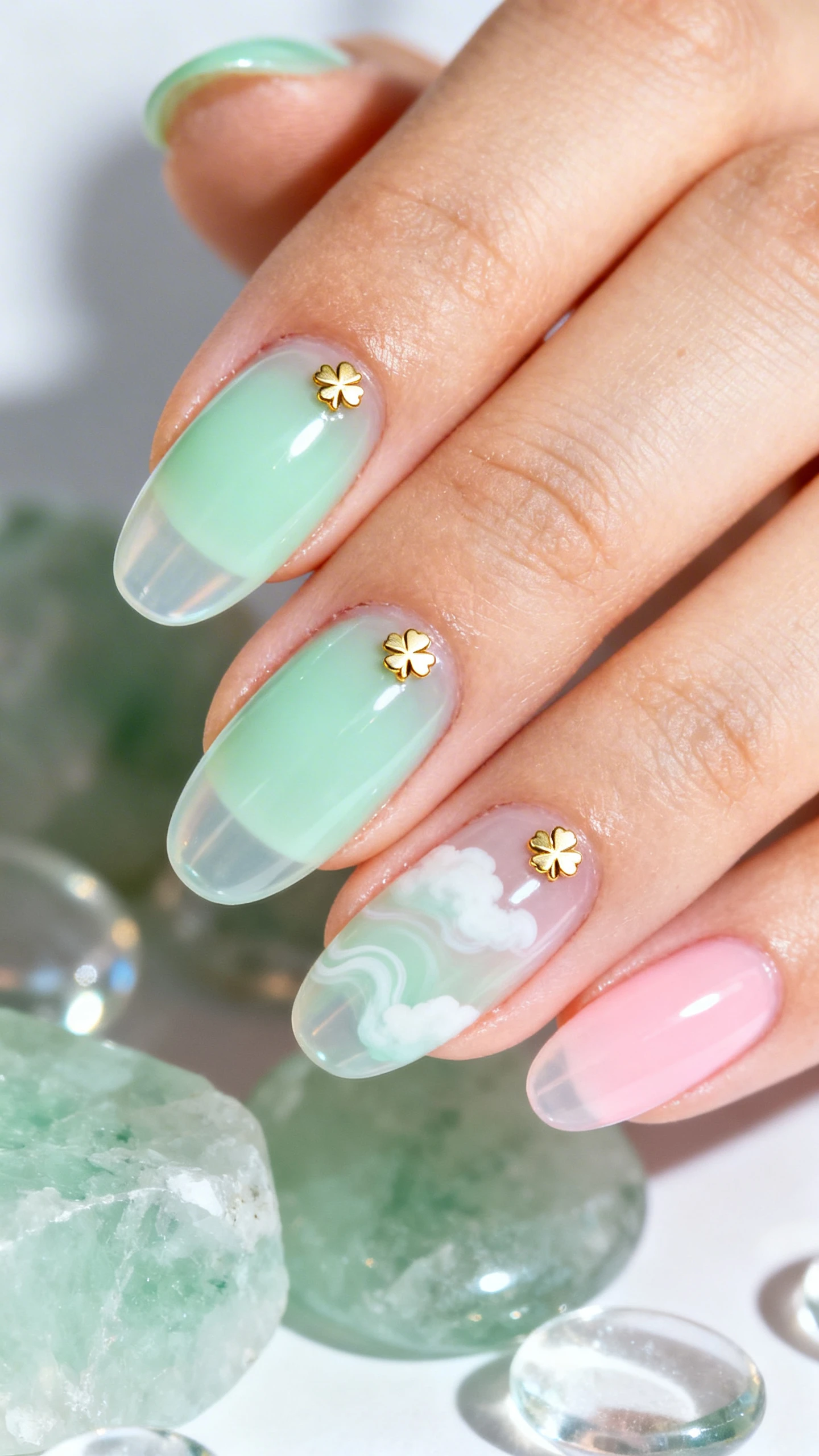 Macro photograph of one hand with short-to-medium oval/almond nails in a semi-sheer pale mint green jelly, milky translucency and ultra-glossy topcoat; faint, cloud-like swirls in soft white on index and pinky; a single small metallic gold shamrock charm centered near the cuticle on each ring finger; subtle clean cuticles and hydrated skin. Background: softly blurred pale green quartz stones and translucent glass pebbles with diffused daylight. Lighting: bright, softbox-style highlights to emphasize gloss, shallow depth of field, modern Instagram aesthetic, no face visible, only the hand and nails in sharp focus.
