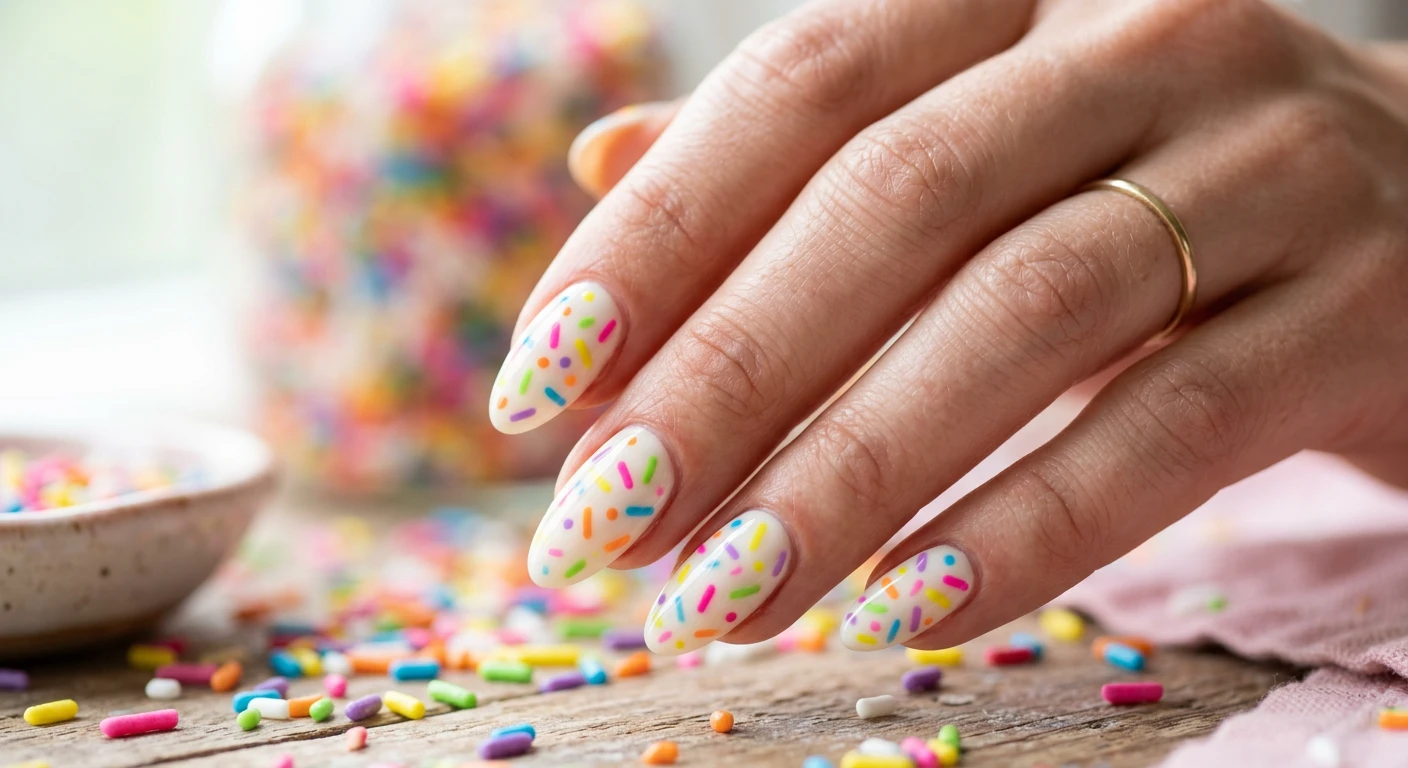 A beautiful, high-resolution macro photograph of one hand highlighting a Rainbow Sprinkles on Vanilla nail design in stunning sharp focus. The classic, feminine-shaped nails are painted with a solid, creamy vanilla-white base, organically scattered with tiny, vibrant dash marks in bright pink, sunny yellow, baby blue, and zesty lime green resembling real candy sprinkles. Modern, bright, Instagram-worthy photography style complemented by an aesthetic, softly blurred background of colorful scattered sprinkles. No faces visible, with the focus solely on the beautifully manicured hand and joyful nail design., macro nail photography, high quality, Instagram-worthy, clean composition