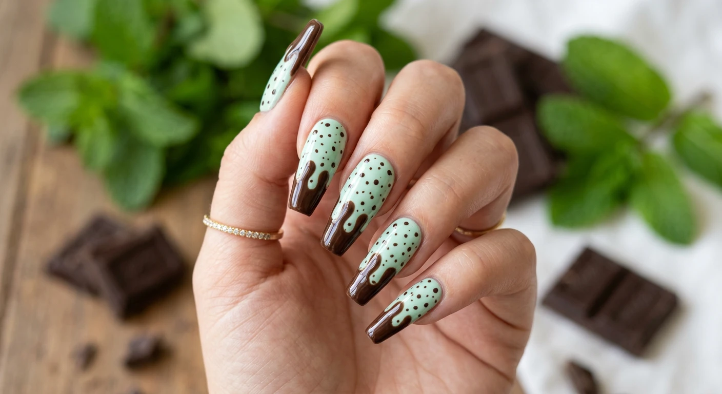A beautiful high-resolution macro photograph of one gracefully posed hand featuring Mint Chocolate Chip Melt nail art in crystal sharp focus. The long, dramatic coffin-shaped nails showcase a pastel mint green base peppered with tiny, irregular dark chocolate brown dots resembling chocolate chips. The free edges feature a rich, glossy dark chocolate brown drip effect melting downward toward the cuticle. Modern, Instagram-worthy photography style with an aesthetic, softly out-of-focus background of fresh mint leaves and chocolate pieces. No faces visible, strictly focusing on the hand and intricate nail details., macro nail photography, high quality, Instagram-worthy, clean composition