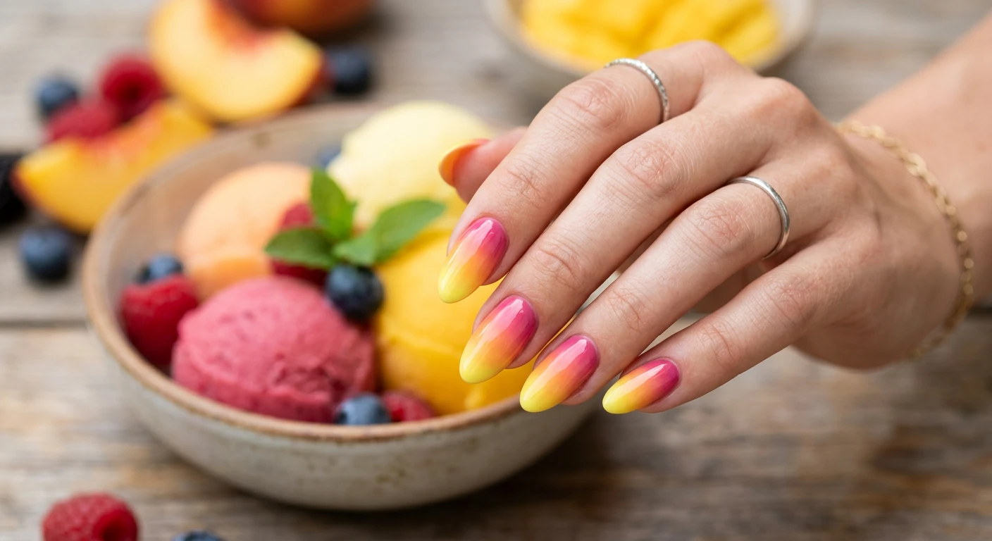 A beautiful macro photograph capturing one hand modeling a Pastel Sorbet Ombré nail design in brilliant, high-resolution sharp focus. The medium-length nails feature a seamless, smooth gradient transitioning from a rich raspberry pink at the cuticle, fading into a juicy mango orange in the middle, and finishing with bright lemon yellow at the tips. Modern, vibrant, Instagram-worthy photography style set against an aesthetic, softly blurred background of fresh pastel sorbet scoops and summer fruits. No faces visible, concentrating purely on the hand and the flawless, fruity ombré nail art., macro nail photography, high quality, Instagram-worthy, clean composition