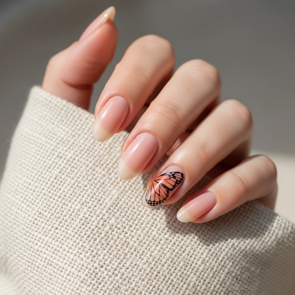 **A beautiful macro photograph of a hand with the 'Barely-There' Monarch Whisper nail design.** The nails have a sheer, natural-pink base. The ring finger and thumb feature a delicate, fine-line monarch butterfly wing outline in black with a tiny, subtle wash of orange. The hand is elegantly resting on a piece of off-white, textured linen in soft, bright, natural sunlight, creating a minimalist and airy aesthetic. High-resolution, sharp focus, modern Instagram-worthy style., macro nail photography, high quality, Instagram-worthy, clean composition