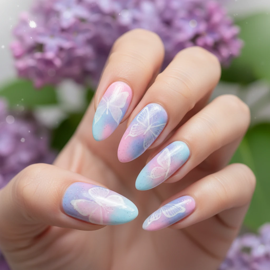 **A beautiful macro photograph of a hand with the Ethereal Watercolor Dreams nail design.** The nails showcase a soft, blended base of pastel pink, lavender, and baby blue watercolor washes. Ghostly, translucent white butterfly silhouettes are painted over the top. The hand is held against a background of soft-focus, dewy lilac flowers. The lighting is diffused and dreamy, with a sharp focus on the nails' delicate texture. High-resolution, modern Instagram-worthy style., macro nail photography, high quality, Instagram-worthy, clean composition