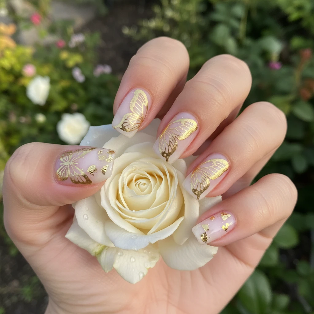 **A beautiful macro photograph of a hand with The Gilded Garden Fairy nail design.** The nails have a milky-white base, adorned with intricate, shimmering gold foil butterfly wings. Tiny, delicate gold leaf flakes are scattered near the cuticles like fairy dust. The hand is loosely holding a single, perfect white rose with a lush, green garden bokeh in the background. The lighting is warm and golden, making the metallic elements pop. High-resolution, sharp focus, modern Instagram-worthy style., macro nail photography, high quality, Instagram-worthy, clean composition