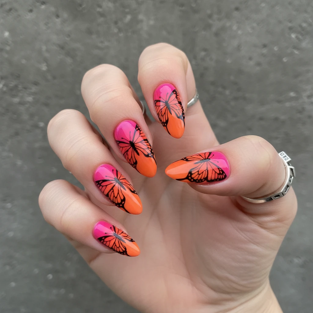 **A beautiful macro photograph of a hand with the Electric Ombré Flutter nail design.** The nails feature a vibrant vertical ombré gradient blending from electric fuchsia to a deep sunset orange. Sharp, graphic black butterfly wing outlines are painted over the bold gradient, creating a high-contrast, modern look. The hand is posed dynamically against a dark, minimalist concrete background, making the neon colors the central focus. High-resolution, sharp focus, modern Instagram-worthy style., macro nail photography, high quality, Instagram-worthy, clean composition