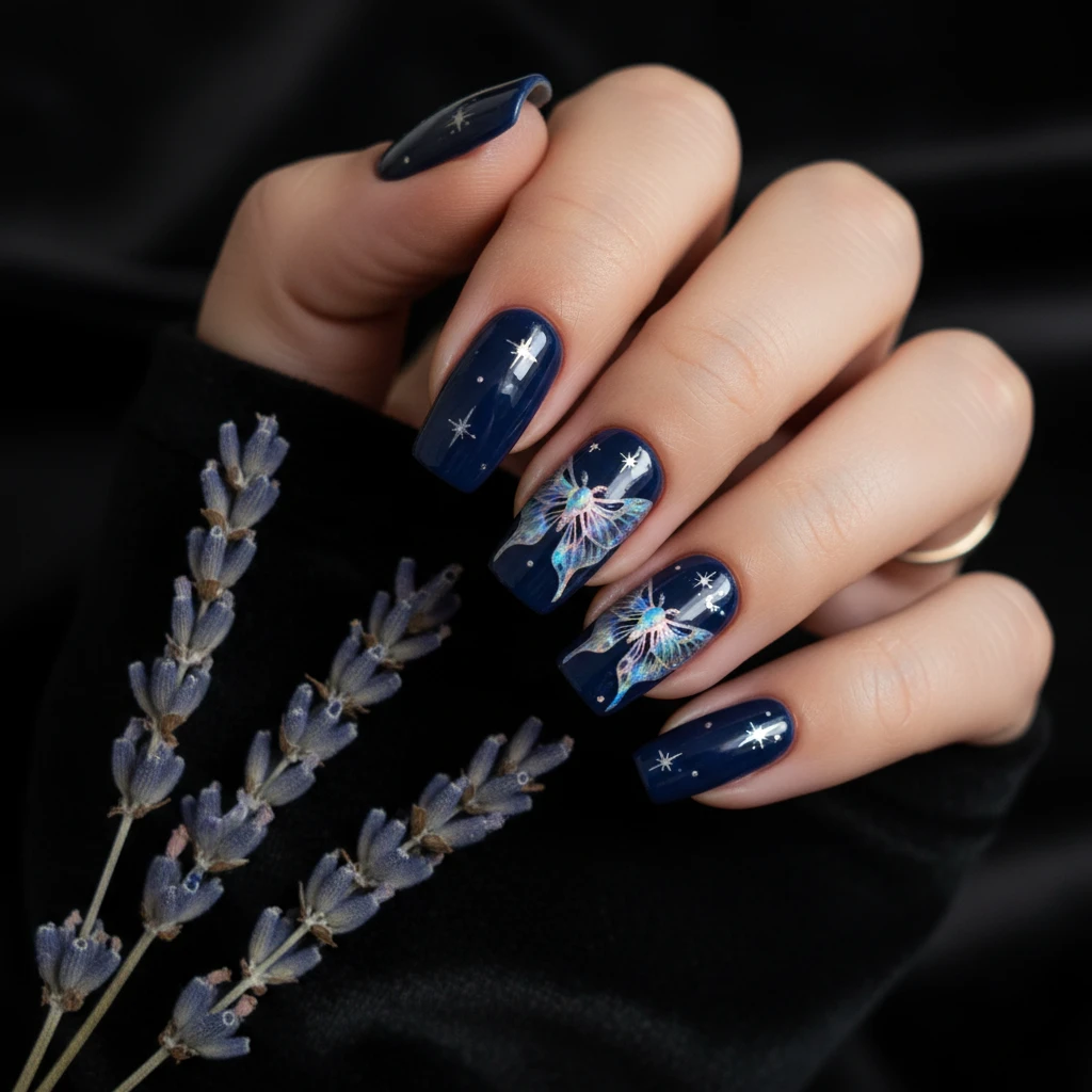 **A beautiful macro photograph of a hand with the Midnight Moth Garden nail design.** The nails have a glossy, deep navy-blue base. Intricate luna moths are painted on accent nails with shimmering, color-shifting holographic silver polish, with tiny celestial star details. The hand is resting on dark velvet fabric next to a sprig of dried lavender. The lighting is moody and dramatic, with a single light source highlighting the iridescent shimmer of the moths. High-resolution, sharp focus, modern Instagram-worthy style., macro nail photography, high quality, Instagram-worthy, clean composition