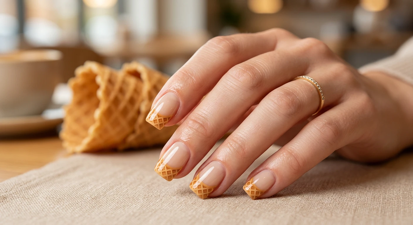 A beautiful macro photograph of a single hand displaying Waffle Cone French Tips nail design with ultra-sharp focus. The short, chic square nails have a sheer, glossy beige base coat and warm, golden-tan French tips decorated with a perfectly spaced, caramel brown crisscross grid mimicking a toasted waffle cone texture. High-resolution, modern, Instagram-worthy photography style set against a warm, aesthetic blurred background of golden waffle cones and soft cafe lighting. No faces visible, keeping the spotlight entirely on the hand and the detailed textured nail art., macro nail photography, high quality, Instagram-worthy, clean composition