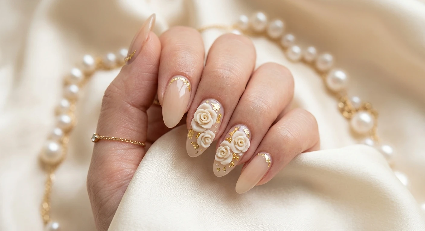 A beautiful macro photograph of one elegant hand displaying medium-length almond nails with a soft, sheer beige base. The ring and middle fingers feature intricate, handcrafted 3D white and cream acrylic roses placed off-center, meticulously embellished with scattered 24k gold leaf flakes and tiny gold caviar beads. High-resolution, sharp focus on the nails. Aesthetic background of draped creamy silk and blurred loose pearls. Modern, Instagram-worthy photography style with soft, diffused lighting. No faces visible, focus ONLY on the nails and hand., macro nail photography, high quality, Instagram-worthy, clean composition