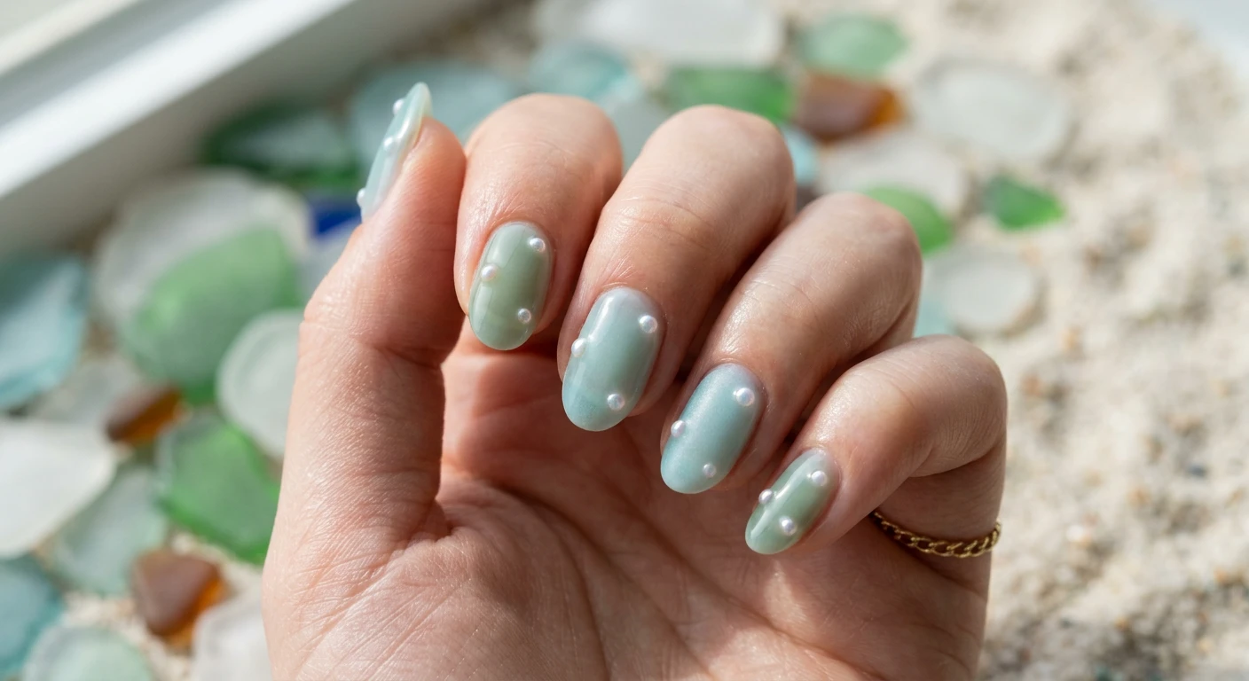 A beautiful macro photograph of one elegant hand exhibiting a minimalist nail design in high-resolution, sharp focus. The nails are painted with a translucent, semi-sheer jelly polish in alternating soft sea glass green and muted aqua blue, giving a frosted glass effect. Tiny, iridescent half-pearl decals are scattered asymmetrically across the nails. No faces visible, focus ONLY on the nails and hand. Modern, Instagram-worthy photography style, set against an aesthetic background of smooth, scattered sea glass and pale, sunlit sand., macro nail photography, high quality, Instagram-worthy, clean composition