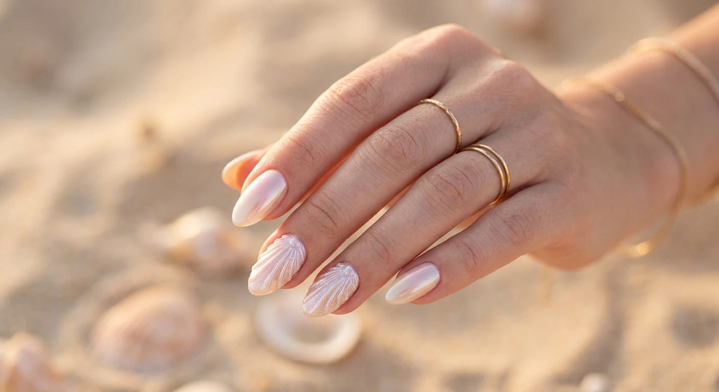 A beautiful macro photograph of one elegantly posed hand showcasing a delicate nail design in high-resolution, sharp focus. The nails feature a soft cream to light beige gradient base, with two accent nails displaying seamless 3D ridged seashell textures. The entire set is finished with a pearlescent white chrome powder shifting soft pink and gold in the light. No faces visible, focus ONLY on the nails and hand. Modern, Instagram-worthy photography style, set against an aesthetic background of soft, blurred beige sand bathed in warm golden hour lighting., macro nail photography, high quality, Instagram-worthy, clean composition