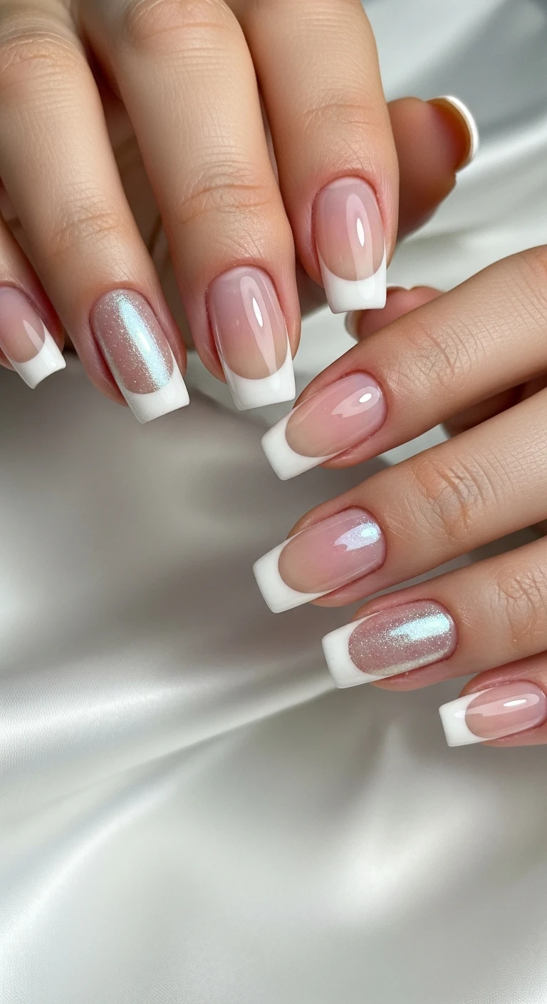 A beautiful macro photograph of one elegantly posed hand showing a nail design in detail. The nails feature a sheer cream base with a micro-thin crisp white French tip, finished with a luminous pearlescent chrome powder overlay that creates a glassy, light-reflecting shine. High-resolution, sharp focus on the nails. The aesthetic background consists of softly draped, lustrous white silk to complement the iridescent pearl theme. Modern, Instagram-worthy photography style with soft natural lighting. No faces visible, focus ONLY on the nails and hand., macro nail photography, high quality, Instagram-worthy, clean composition