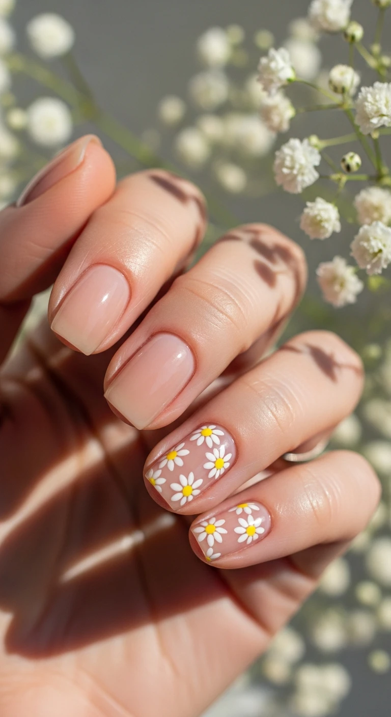 A beautiful macro photograph of one gently resting hand showing a nail design in detail. The nails boast a glossy translucent beige base coat, adorned with tiny, delicate, hand-painted daisies placed precisely on the bottom right corner of the ring and middle fingers, featuring soft pastel yellow centers and crisp white petals. High-resolution, sharp focus on the nails. The aesthetic background features subtly blurred fresh baby's breath and soft morning sunlight to echo the spring floral theme. Modern, Instagram-worthy photography style. No faces visible, focus ONLY on the nails and hand., macro nail photography, high quality, Instagram-worthy, clean composition