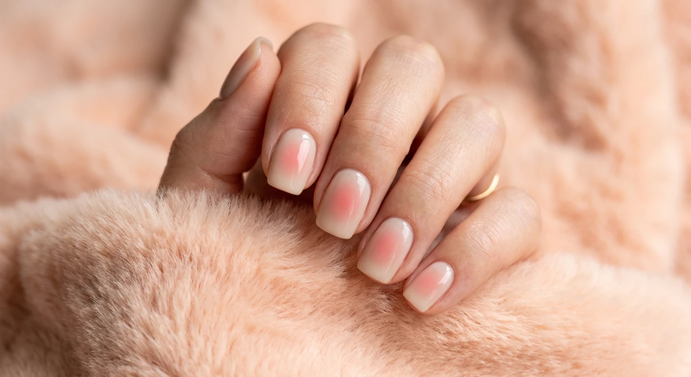 A beautiful macro photograph of one hand capturing an ombre blush aura nail design on short squoval nails. The nails display a pale, milky neutral-beige base with a soft, diffused, airbrushed circle of warm, sheer strawberry pink in the exact center of each nail bed, fading seamlessly outward. High-resolution, sharp focus on the gentle gradient. The hand rests gently on plush, peach-toned fluffy fabric. Modern, Instagram-worthy photography style. No faces visible, focus ONLY on the nails and hand., macro nail photography, high quality, Instagram-worthy, clean composition