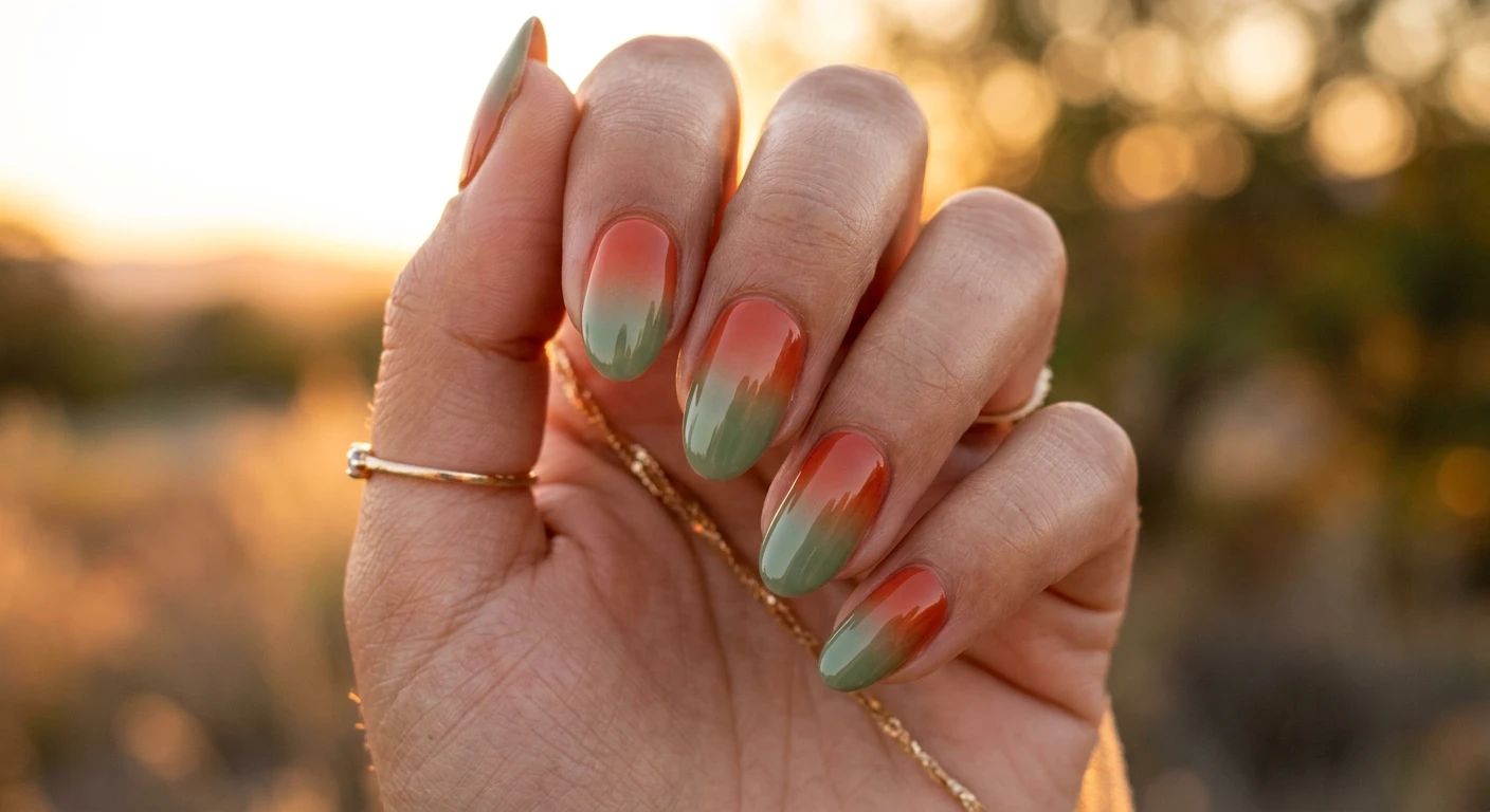 A beautiful macro photograph of one hand capturing an Ombre Sunset Fade nail design in detail. Medium oval shaped nails display a seamless gradient starting with a vibrant terracotta at the cuticle that flawlessly melts into a calming sage green at the tips. Finished with a high-shine glossy topcoat to enhance the color blend. High-resolution, sharp focus on the nails. Aesthetic background glowing with warm, golden-hour sunset lighting and soft, dreamy shadows. Modern, Instagram-worthy photography style. No faces visible, focus ONLY on the nails and hand., macro nail photography, high quality, Instagram-worthy, clean composition