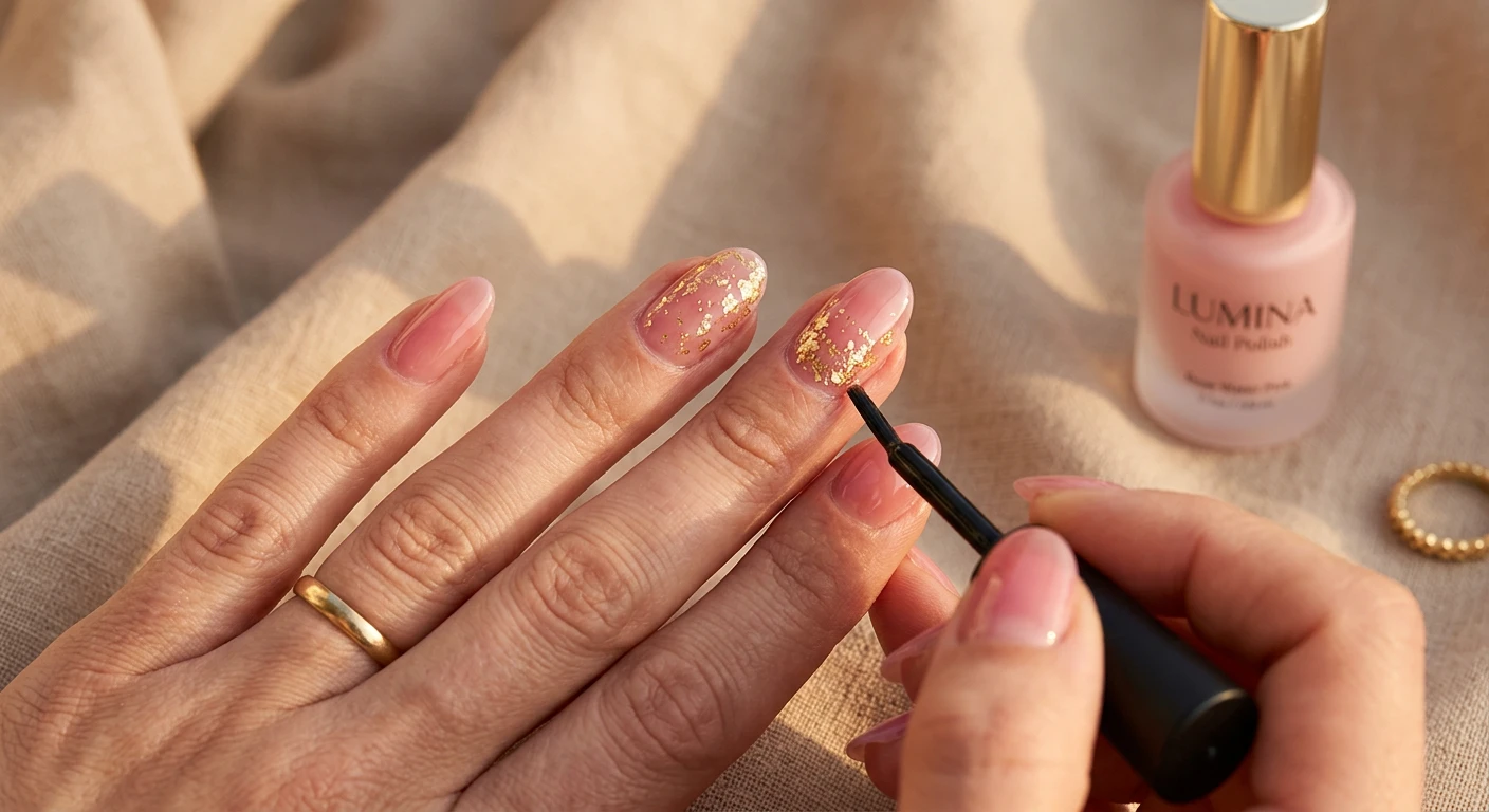 A beautiful macro photograph of one hand detailing a glassy, translucent rose-water pink polish applied to medium-length oval nails. The ring and middle fingers feature delicate, microscopic, irregular flakes of genuine-looking gold foil scattered elegantly near the cuticles, all sealed beneath a thick, high-shine clear top coat. High-resolution, sharp focus on the gold flecks. The background consists of draped soft beige linen illuminated by warm, golden-hour sunlight. Modern, Instagram-worthy photography style. No faces visible, focus ONLY on the nails and hand., macro nail photography, high quality, Instagram-worthy, clean composition