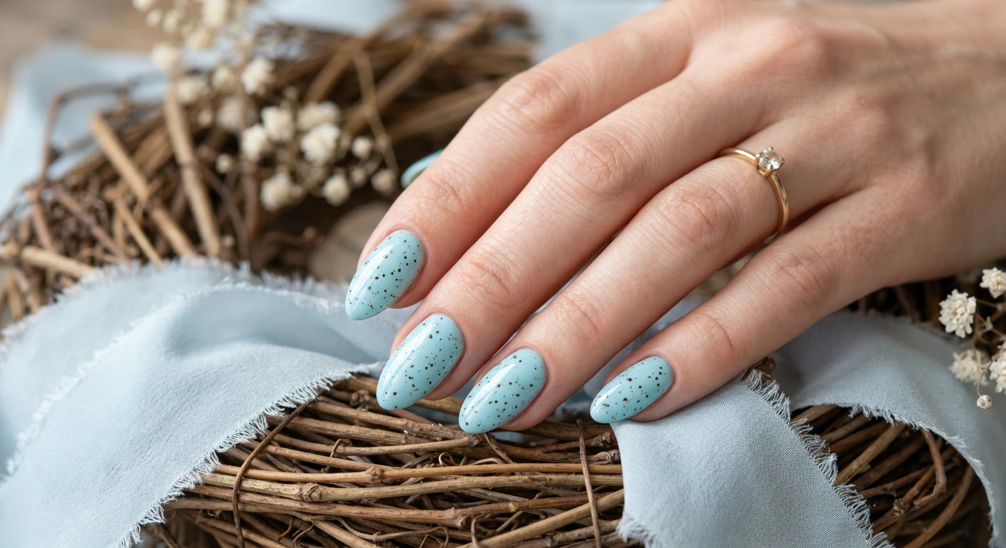A beautiful macro photograph of one hand displaying a pastel robin's egg blue nail design with delicate dark brown speckles. High-resolution, sharp focus on the glossy almond-shaped nails. The hand is gently resting on an aesthetic background of woven twigs and pale blue silk ribbons. Modern, Instagram-worthy photography style, soft spring daylight. No faces visible, focus ONLY on the nails and hand., macro nail photography, high quality, Instagram-worthy, clean composition