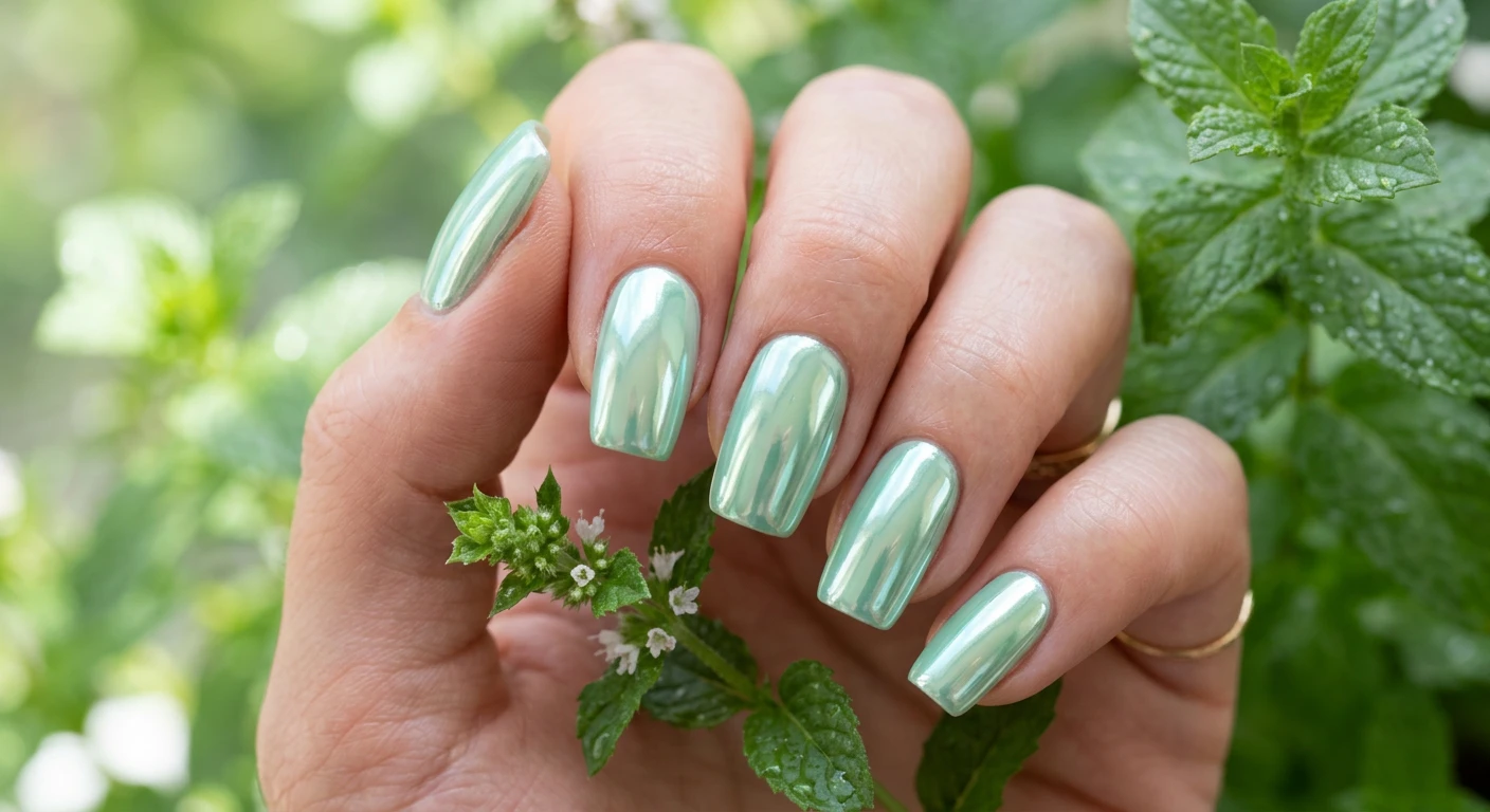 A beautiful macro photograph of one hand displaying medium-length squoval-shaped nails with a pale mint green base and a high-shine green-tinted chrome powder overlay. The minimalist design has an ultra-glossy surface that looks like wet glass, reflecting pale green, silver, and soft turquoise light. High-resolution, sharp focus ONLY on the nails and hand, with no faces visible. Aesthetic background featuring softly blurred dewy mint leaves and soft spring light. Modern, Instagram-worthy beauty photography style., macro nail photography, high quality, Instagram-worthy, clean composition