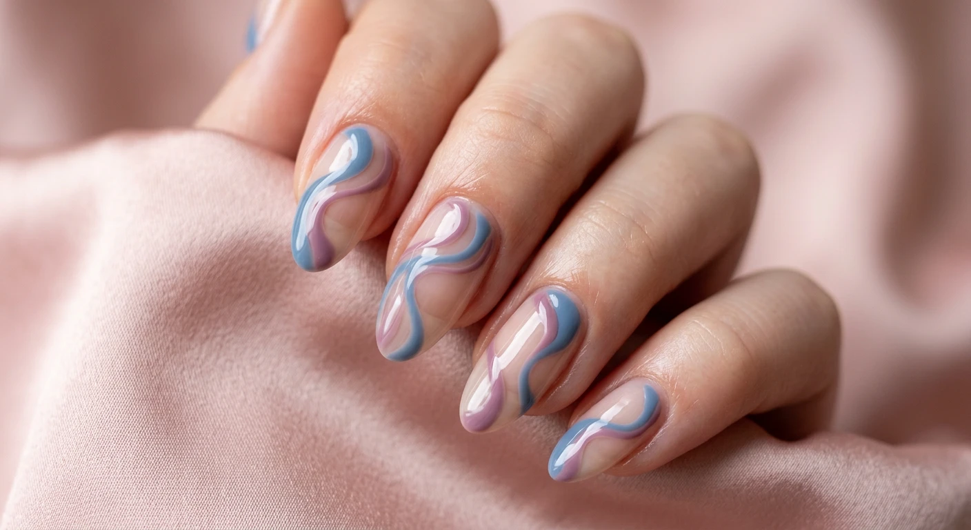 A beautiful macro photograph of one hand displaying a swirly negative space nail design in sharp detail. The nails feature fluid, intertwining ribbons of glossy dusty blue and mauve polish flowing smoothly over a sheer, natural nail base. High-resolution, sharp focus exclusively on the nails with no faces visible. Modern, Instagram-worthy photography style set against an aesthetic, subtly blurred blush silk fabric to enhance the magical, flowing aesthetic., macro nail photography, high quality, Instagram-worthy, clean composition