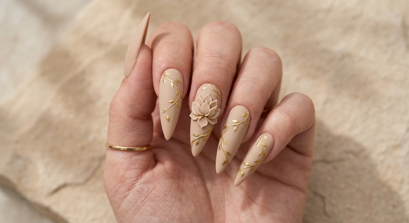 A beautiful macro photograph of one hand displaying sharp stiletto nails with a solid, opaque sand-colored matte base. Intricate, hand-painted liquid gold vines snake organically from the cuticle of the pinky across the adjacent fingers to the index nail. The middle finger highlights a breathtaking, fully sculpted 3D lotus flower. High-resolution, sharp focus on the nails. Aesthetic warm minimalist stone background with soft shadows. Modern, Instagram-worthy photography style. No faces visible, focus exclusively on the nails and hand., macro nail photography, high quality, Instagram-worthy, clean composition