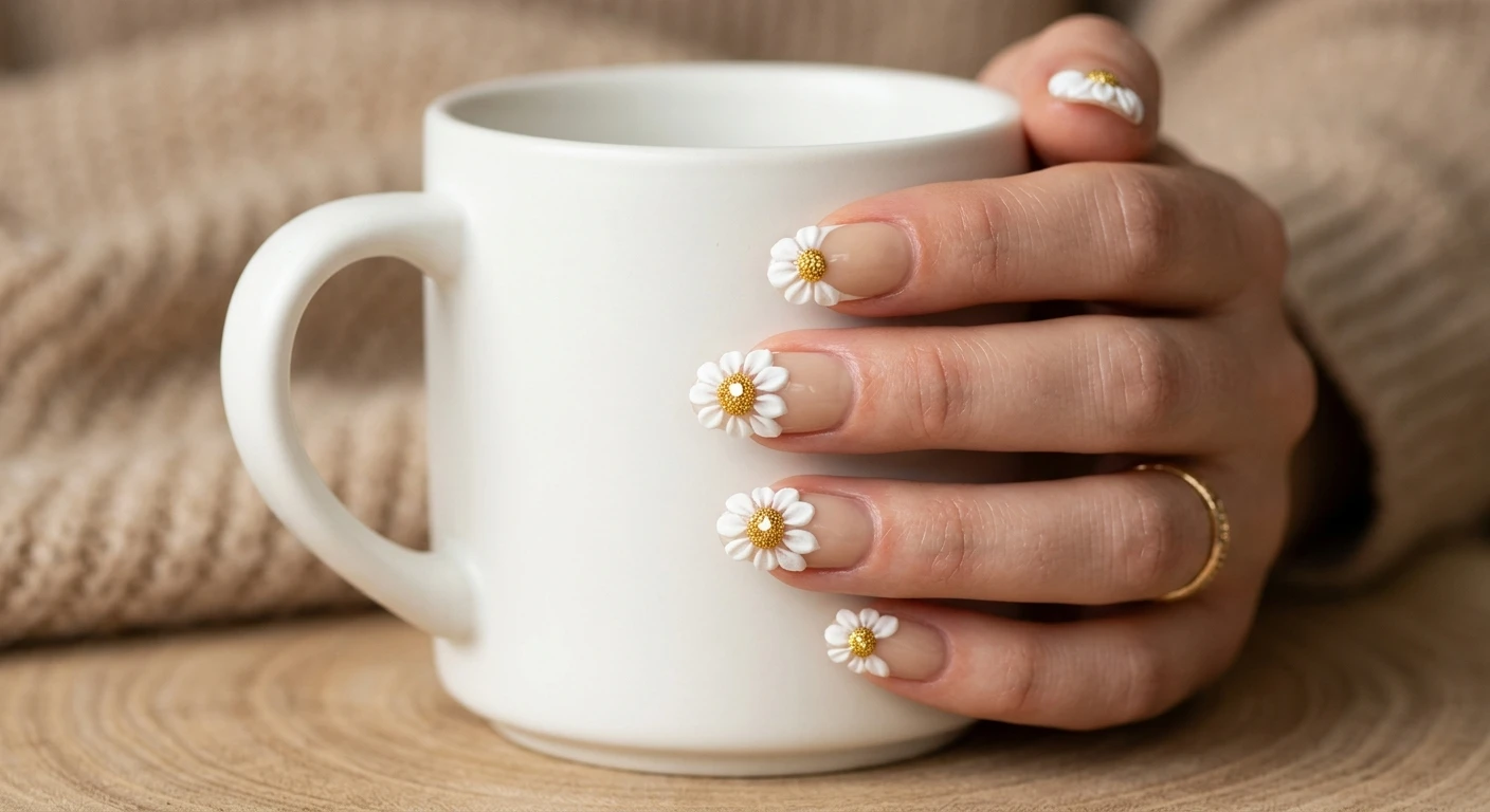 A beautiful macro photograph of one hand displaying a chunky floral French twist nail design. The nails have a sheer beige base highlighting oversized, thick 3D white daisy petals concentrated along the nail tips to create a modern, textured French manicure effect, finished with large, textured gold centers. High-resolution, sharp focus on the chunky 3D acrylic details and nail structure. The hand is gently holding a smooth, matte white ceramic mug against a warm beige aesthetic background. Trendy, editorial Instagram-worthy photography style. No faces visible, strict focus on the nails and hand., macro nail photography, high quality, Instagram-worthy, clean composition