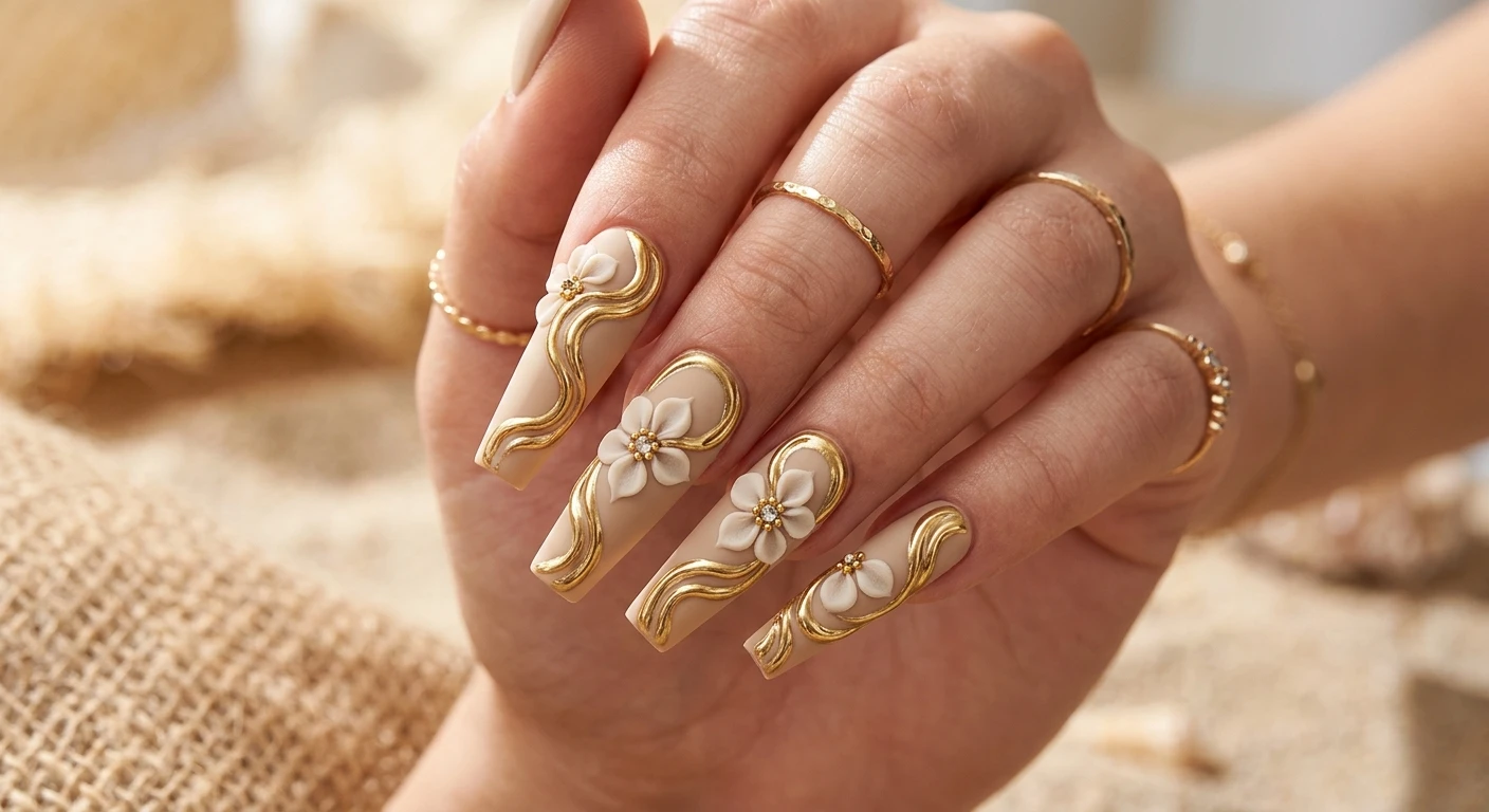 A beautiful macro photograph of one hand displaying long coffin extensions painted in a solid, opaque sand color. Thick, raised 3D swirls of liquid gold chrome weave organically from the cuticle to the free edge, beautifully supporting large, five-petal 3D neutral flowers. High-resolution, sharp focus on the nails. Aesthetic, sun-dappled warm background with subtle sandy textures. Modern, Instagram-worthy photography style. No faces visible, focus ONLY on the nails and hand., macro nail photography, high quality, Instagram-worthy, clean composition
