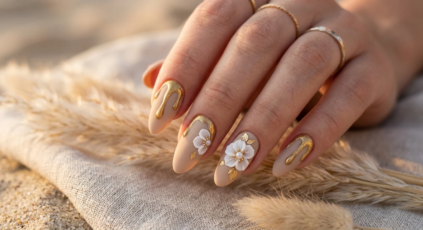 A beautiful macro photograph of one hand displaying sand-toned matte nails elevated by a stunning liquid gold drip effect and exquisite 3D white peonies. High-resolution, sharp focus on the nails. Set against an aesthetic background of softly textured neutral sand and blurred dried pampas grass. Modern, Instagram-worthy photography style, warm golden hour lighting. No faces visible, focus ONLY on the nails and hand., macro nail photography, high quality, Instagram-worthy, clean composition