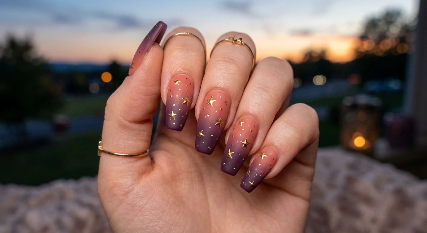 A beautiful macro photograph of one hand displaying medium-length coffin nails with a rich, moody sunset ombré. The colors transition from a fiery, muted coral at the base into a deep plum purple at the tips, finished entirely with a velvety, shine-free matte topcoat. Tiny, delicate, hand-painted gold chrome stars are scattered beautifully across the nails. High-resolution, sharp focus on the nails, set against an aesthetic softly blurred twilight evening background. Modern, Instagram-worthy photography style, no faces visible., macro nail photography, high quality, Instagram-worthy, clean composition