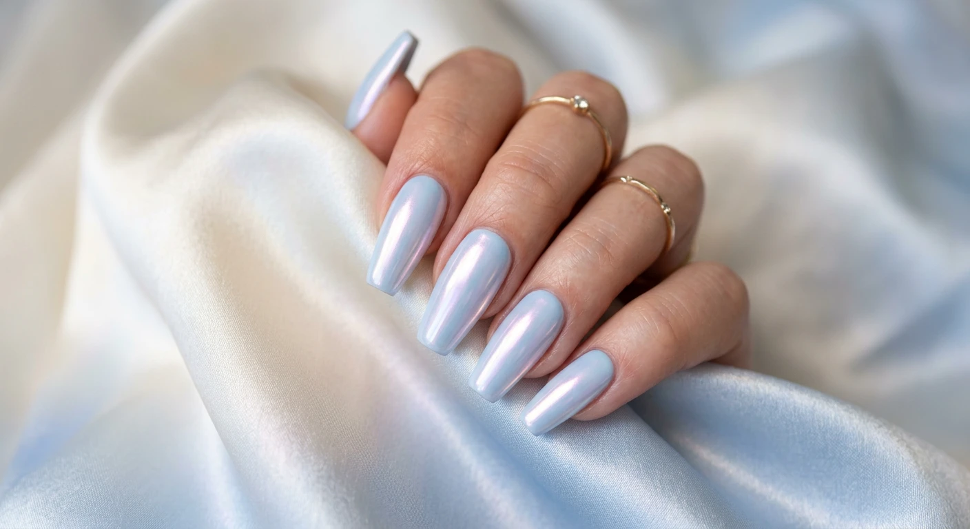 A beautiful macro photograph of one hand displaying medium-length coffin-shaped nails. The nails feature a solid pastel baby blue color coated with a glowing, iridescent white pearl chrome powder, creating a smooth, highly reflective glazed donut finish. The hand elegantly rests on a background of draped, luminous silk fabric that catches the iridescent light. High-resolution, sharp focus on the nails, modern Instagram-worthy photography style, no faces visible., macro nail photography, high quality, Instagram-worthy, clean composition
