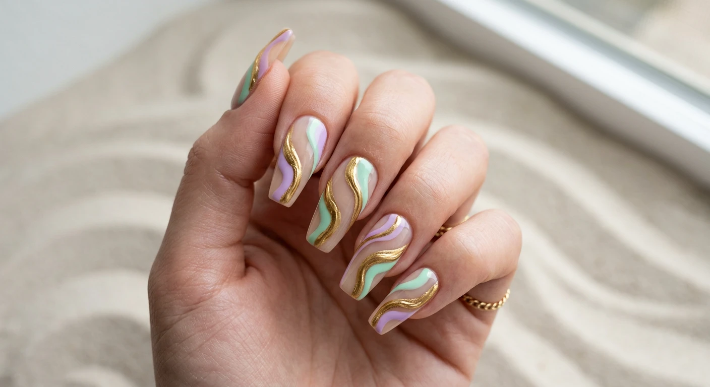 A beautiful macro photograph of one hand displaying a modern nail design on medium-length coffin-shaped nails. The base is a sheer beige and translucent sand color. Bold, asymmetrical swirls in opaque pastel lilac and mint green flow across the nail plate, intersecting with thick, textured metallic gold liquid-look lines. Large portions of the sheer sand base are left completely exposed as negative space. High-resolution, sharp focus on the hand and nails only, no faces visible. Instagram-worthy photography style set against a minimalist, aesthetic background of soft, wavy neutral sand and subtle warm lighting., macro nail photography, high quality, Instagram-worthy, clean composition