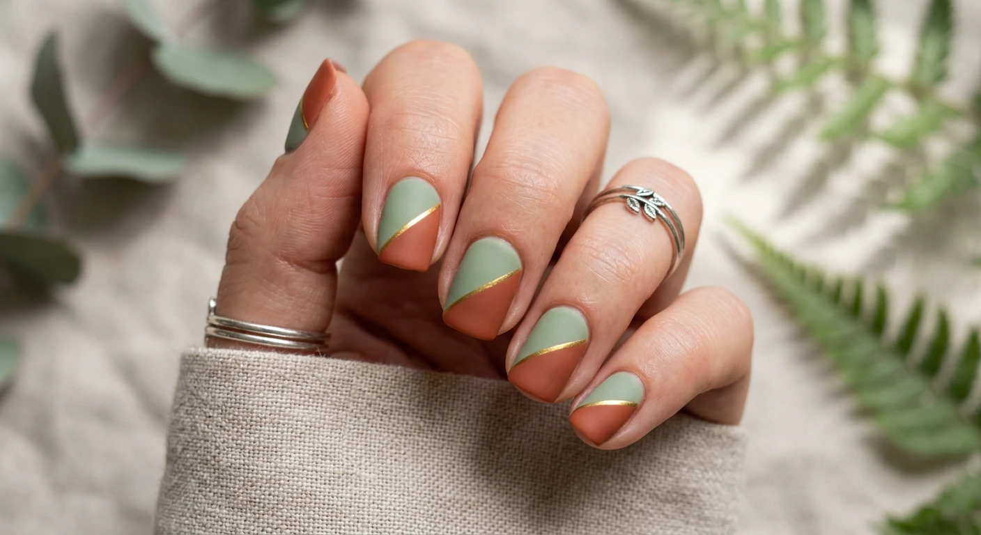 A beautiful macro photograph of one hand displaying a Botanical Color-Block nail design in detail. Short square shaped nails with a bold, diagonal color-blocked pattern. One half of the nail is soft sage green, the other half is rich terracotta, flawlessly separated by a crisp, thin metallic gold line. The earthy tones have a smooth matte finish. High-resolution, sharp focus on the nails. Aesthetic background consisting of soft linen fabric and delicate botanical leaf shadows. Modern, Instagram-worthy photography style. No faces visible, focus ONLY on the nails and hand., macro nail photography, high quality, Instagram-worthy, clean composition