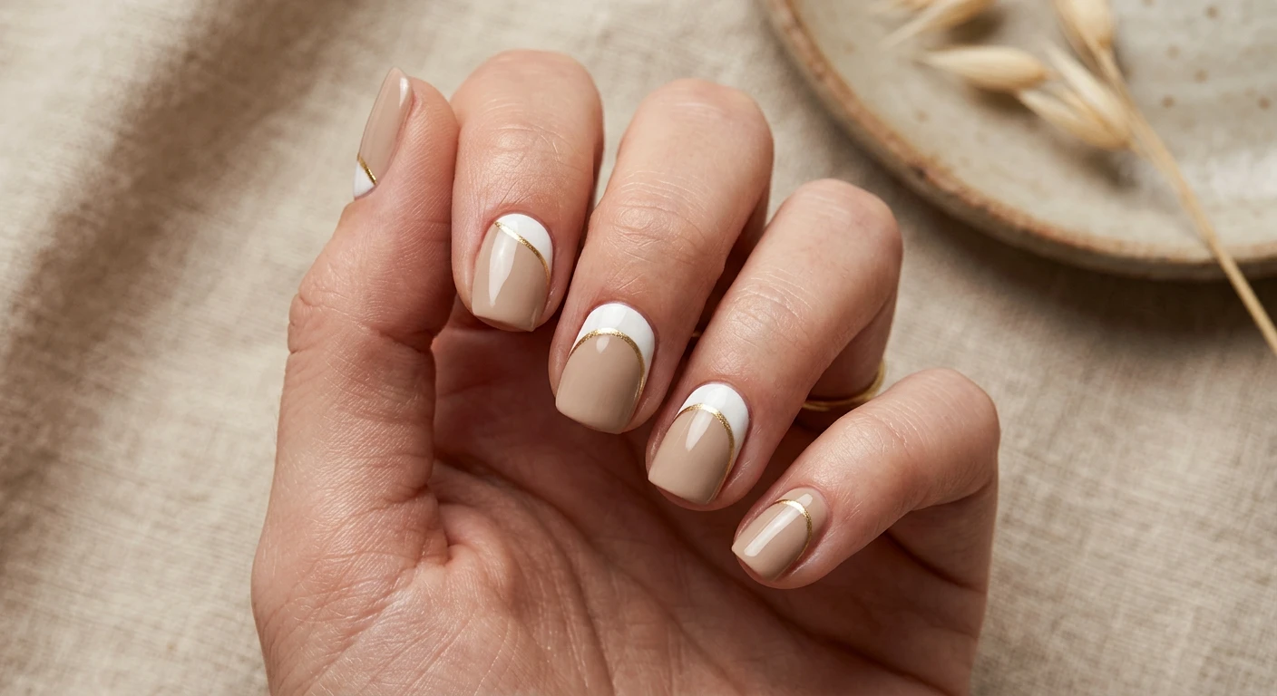 A beautiful macro photograph of one hand displaying short, soft square nails painted with a warm, opaque sand base. The minimalist design highlights geometric, asymmetrical arches in crisp white polish rising from the cuticles, beautifully complemented by fine, metallic gold line art tracing the edges. High-resolution, sharp focus on the nails. Set against an aesthetic, warm-toned background of textured natural linen and soft shadows. Modern, chic, Instagram-worthy photography style. No faces visible, focus strictly on the hand and nails., macro nail photography, high quality, Instagram-worthy, clean composition