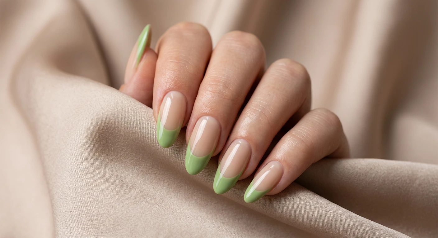 A beautiful macro photograph of one hand displaying long, softly tapered oval nails. The design features an immaculate, sheer beige base with solid, opaque pistachio green classic French tips, detailed with deeply curved smile lines sweeping low along the sides. High-resolution, sharp focus on the nails. The hand is gently posed over a minimalist, aesthetic background of flowing, soft beige silk. Modern, Instagram-worthy photography style, no faces visible, focus entirely on the sleek nail design., macro nail photography, high quality, Instagram-worthy, clean composition