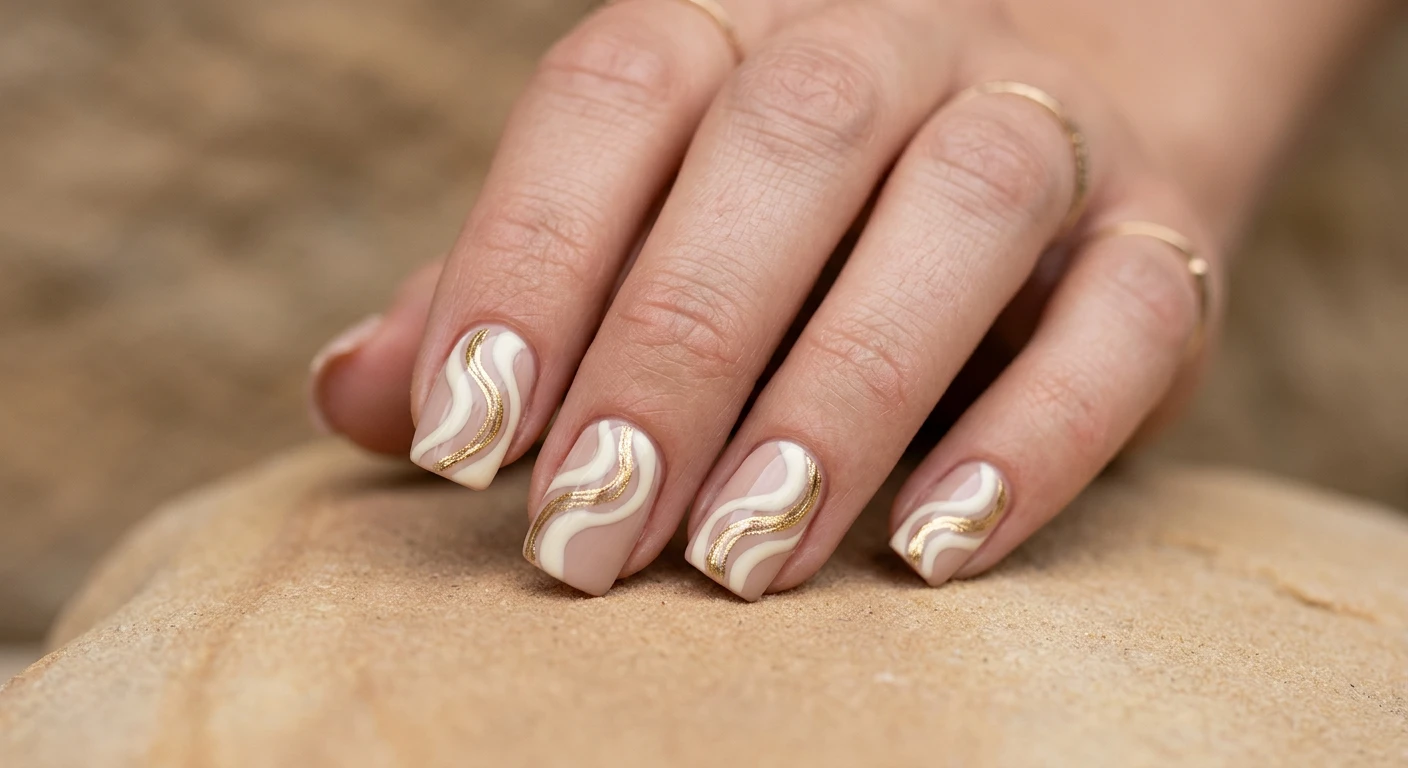 A beautiful macro photograph of one hand displaying a stylish short square nail design in detail. The nails have a soft, muted beige background with thick, organic swirls of opaque creamy ivory polish flowing across the nail beds, tightly intertwined with ultra-thin, delicate lines of reflective metallic gold polish. High-resolution, sharp focus on the nails, resting on an aesthetic warm, smooth sandstone texture. Modern, Instagram-worthy photography style with soft diffused daylight. No faces visible, focus ONLY on the nails and hand., macro nail photography, high quality, Instagram-worthy, clean composition