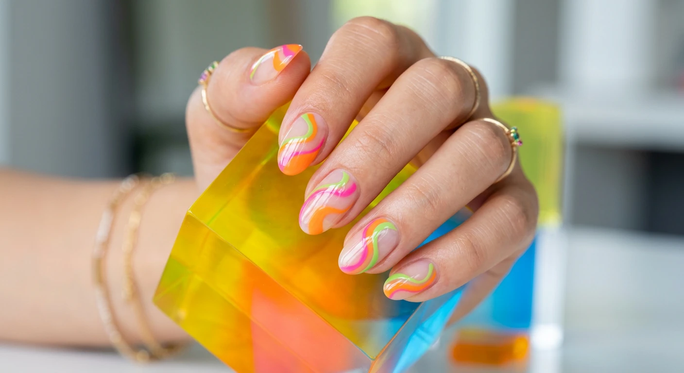 A beautiful macro photograph of one hand displaying natural oval-shaped nails with abstract negative space swirls. The nails show off a completely clear, glossy base and beautifully healthy natural nail beds, overlaid with sweeping, fluid, retro-inspired swirls starting from the cuticles in vivid spring colors of bright tangerine, hot pink, and lime green. High-resolution, ultra-sharp focus on the sweeping lines. The hand elegantly holds a translucent, brightly colored acrylic block. Fun, modern, Instagram-worthy aesthetic. No faces visible, focus strictly on the hand and colorful nail design., macro nail photography, high quality, Instagram-worthy, clean composition