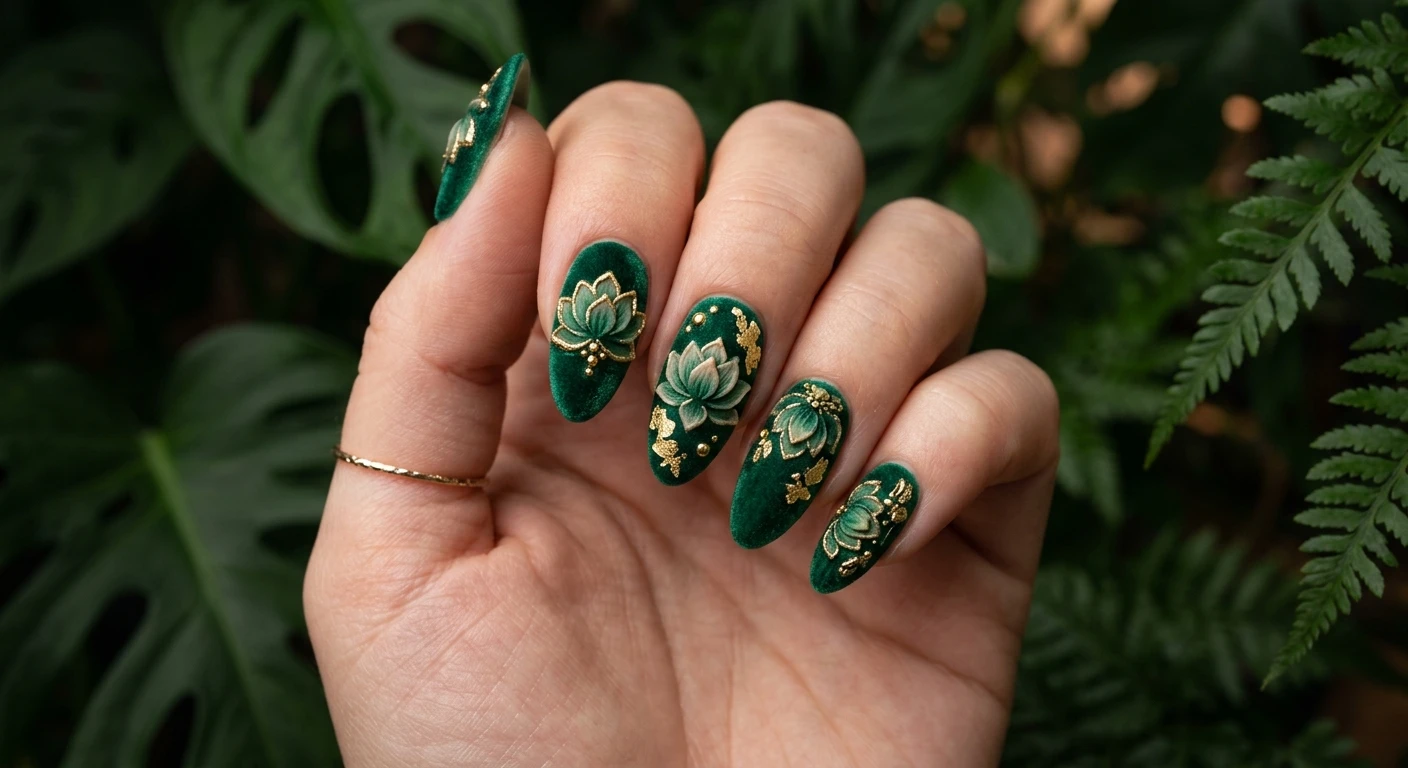 A beautiful macro photograph of one hand displaying emerald green velvet-finish nails with raised 3D lotus flowers and vintage gold leaf embellishments. High-resolution, sharp focus on the nails. The background features blurred lush dark green botanical leaves and a hint of warm, moody lighting. Modern, Instagram-worthy photography style, no faces visible, focus ONLY on the nails and hand., macro nail photography, high quality, Instagram-worthy, clean composition