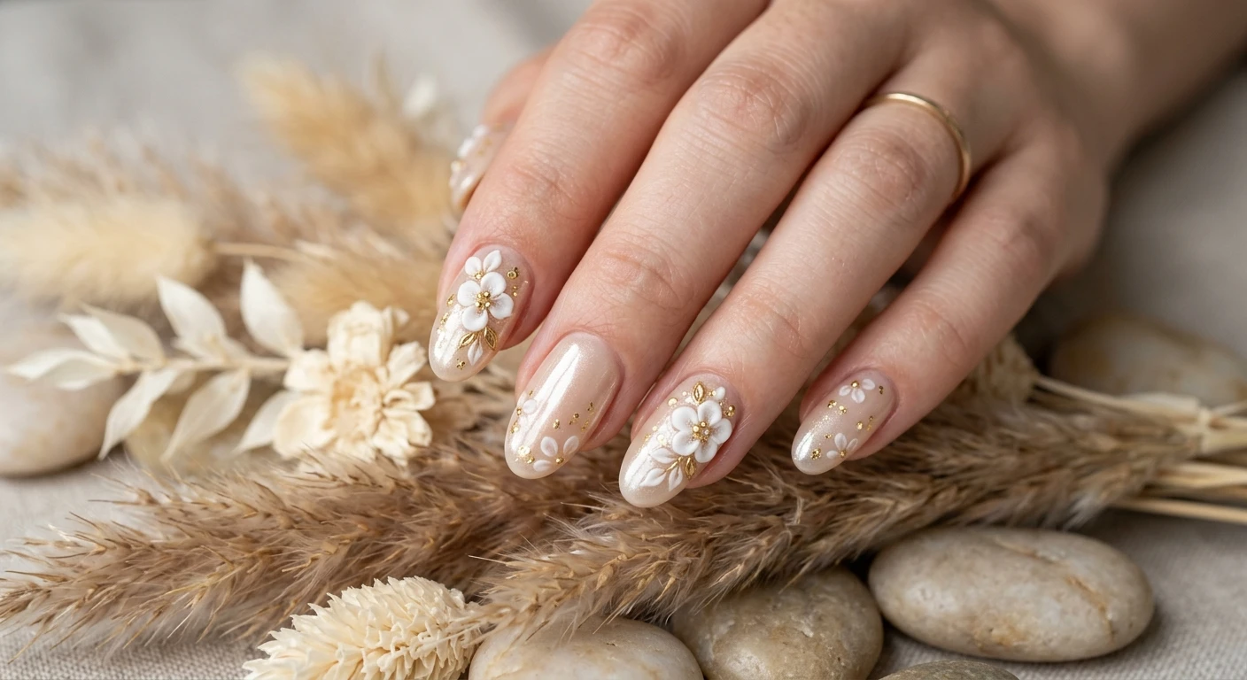 A beautiful macro photograph of one hand displaying a trendy glazed beige nail design with a pearlescent "donut" finish, embellished with intricate 3D botanical flowers and tiny gold flecks. High-resolution, sharp focus on the nails. The aesthetic background features a softly blurred arrangement of dried pampas grass and smooth neutral stones under diffused daylight. Modern, Instagram-worthy photography style, glossy and luminous. No faces visible, focus ONLY on the nails and hand., macro nail photography, high quality, Instagram-worthy, clean composition
